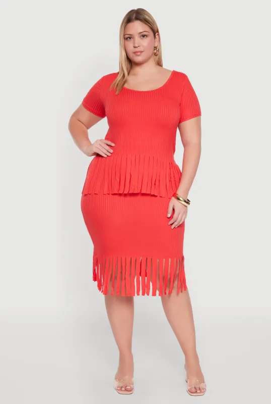 Plus Size High Waisted Ribbed Knit Fringe Midi Skirt sold by Rainbow