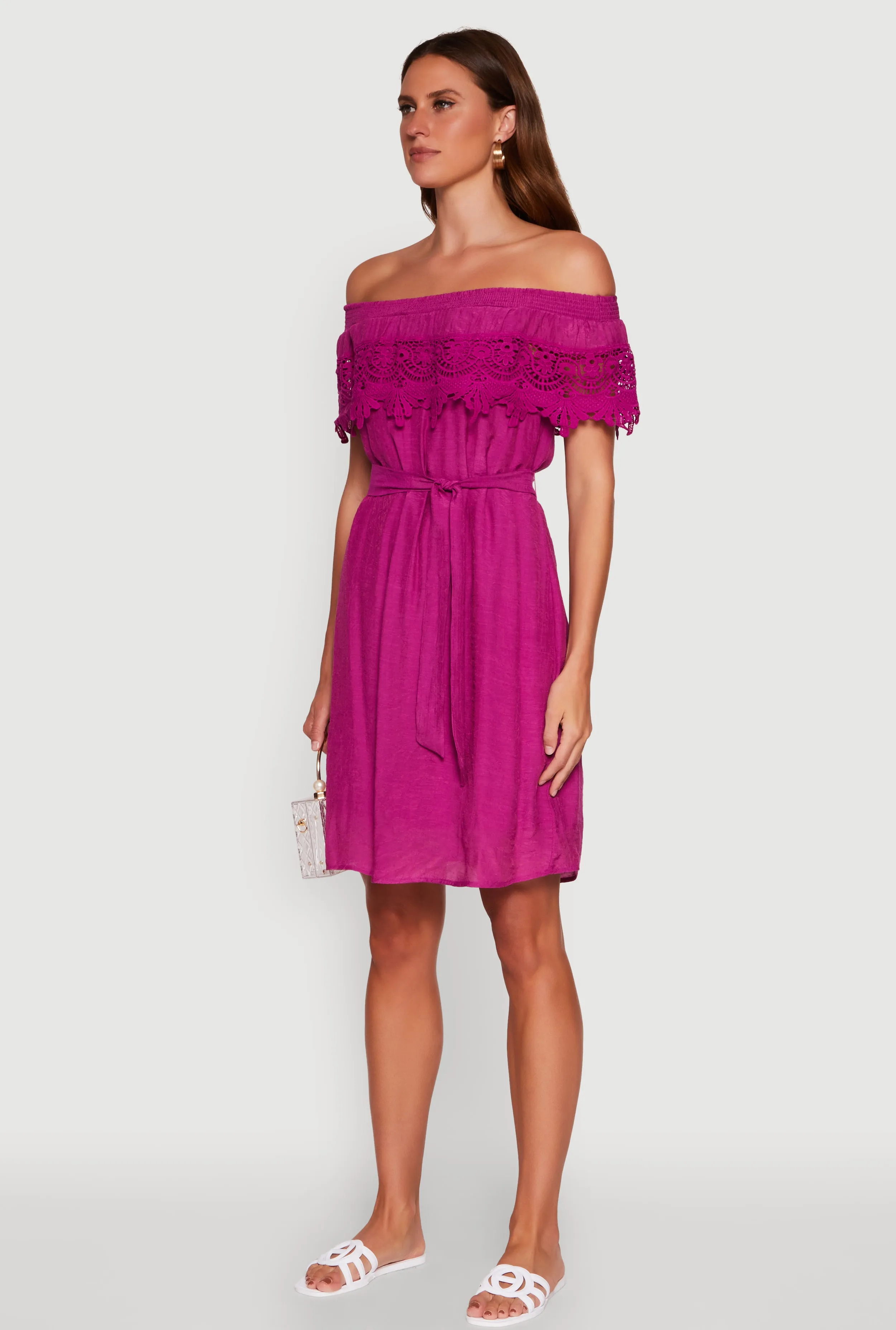 Chic Off the Shoulder Crochet Sundress with Tie Waist Belt sold by Rainbow product image thumbnail 3