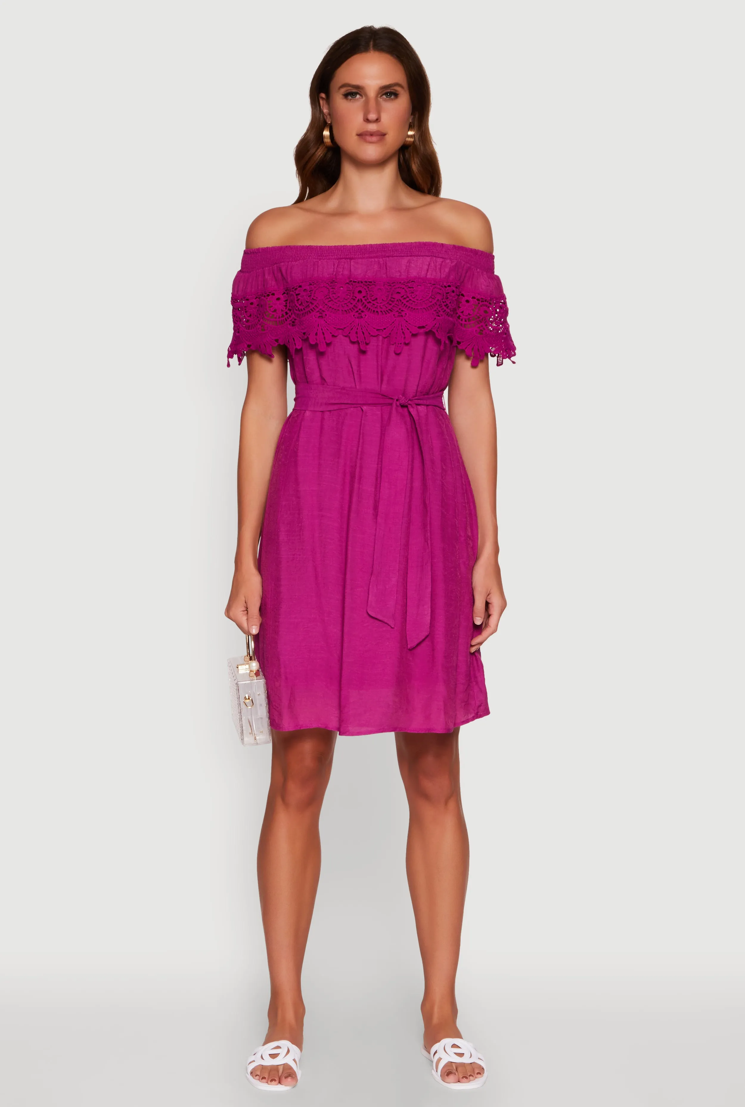 Chic Off the Shoulder Crochet Sundress with Tie Waist Belt sold by Rainbow