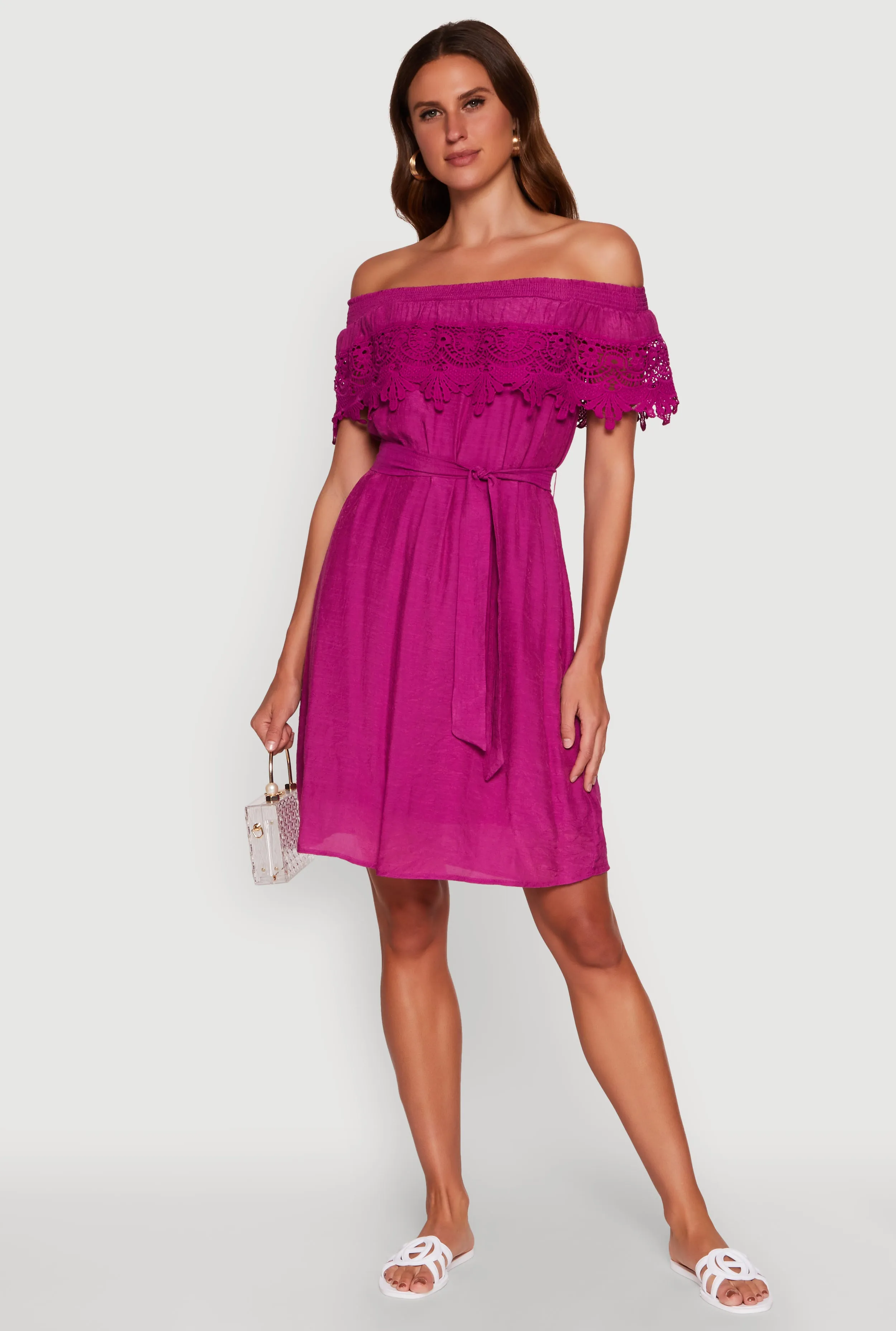 Chic Off the Shoulder Crochet Sundress with Tie Waist Belt sold by Rainbow product image thumbnail 2