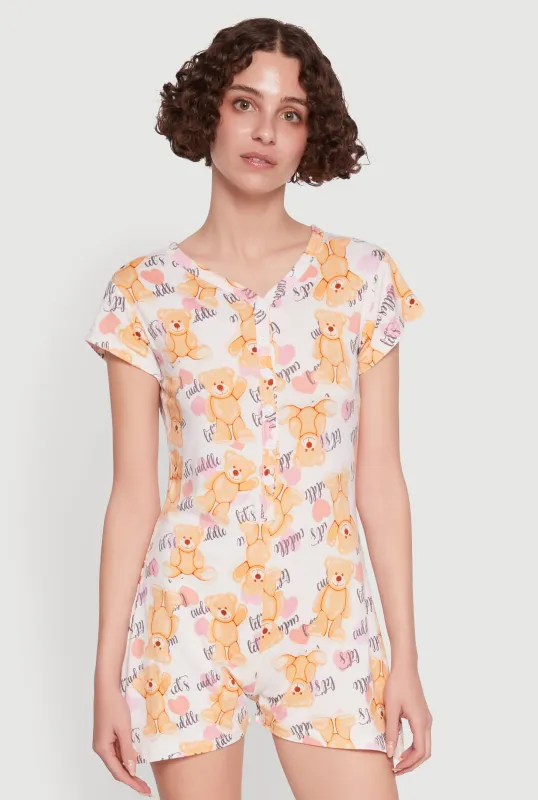 Cute Cuddle Bear Graphic Button Front Pajama Romper sold by Rainbow