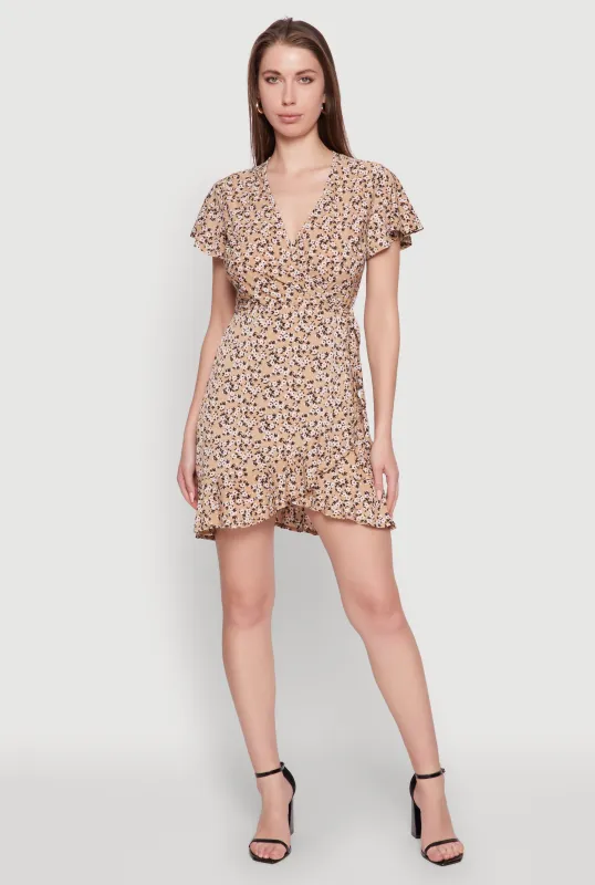 Floral Wrap Dress with Ruffles and V-Neck sold by Rainbow