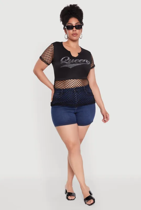 Plus Size Queen Graphic Top with Fishnet Detail and Rhinestones sold by Rainbow