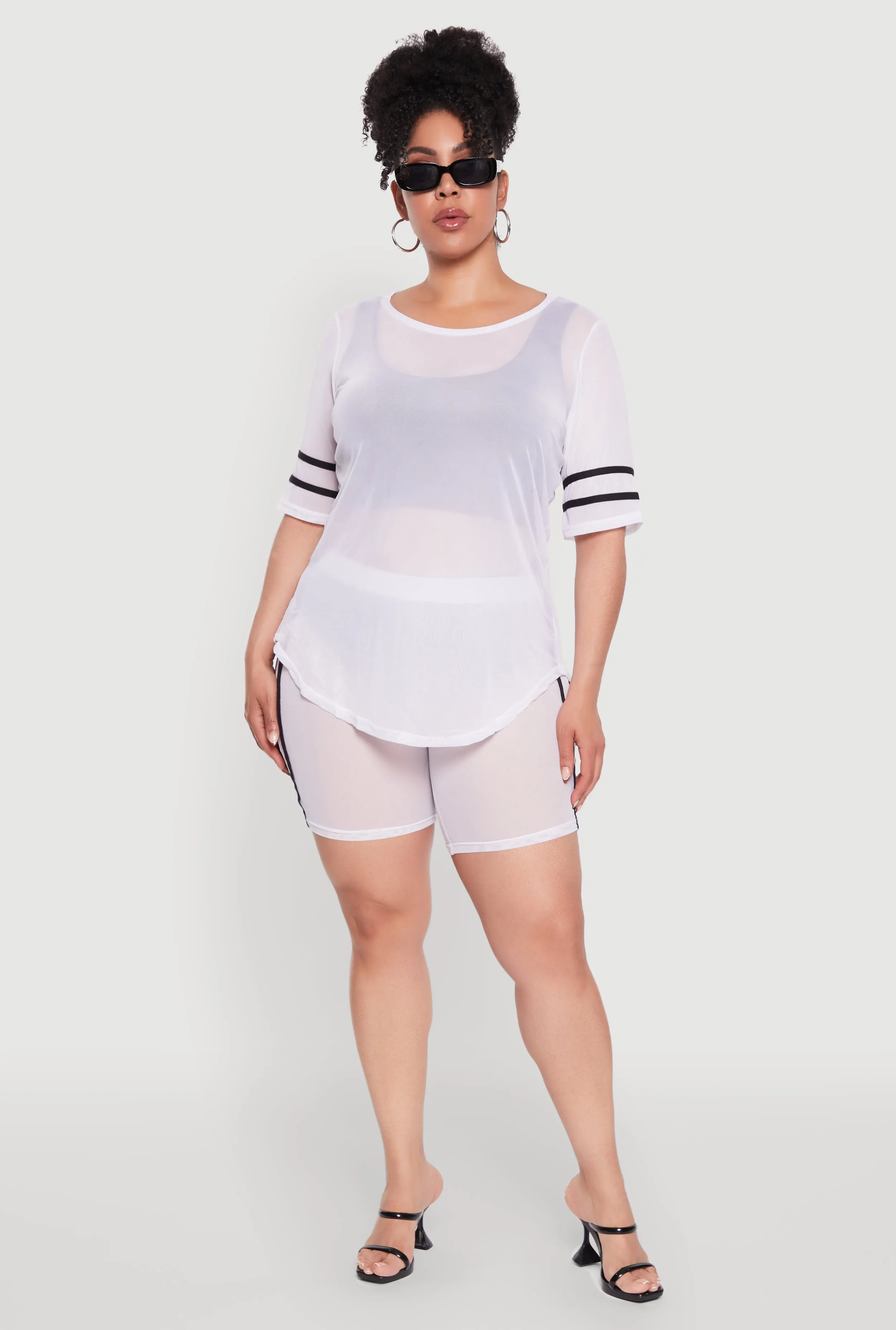 Plus Size Mesh High Waisted Bike Shorts with Varsity Stripe Details sold by Rainbow