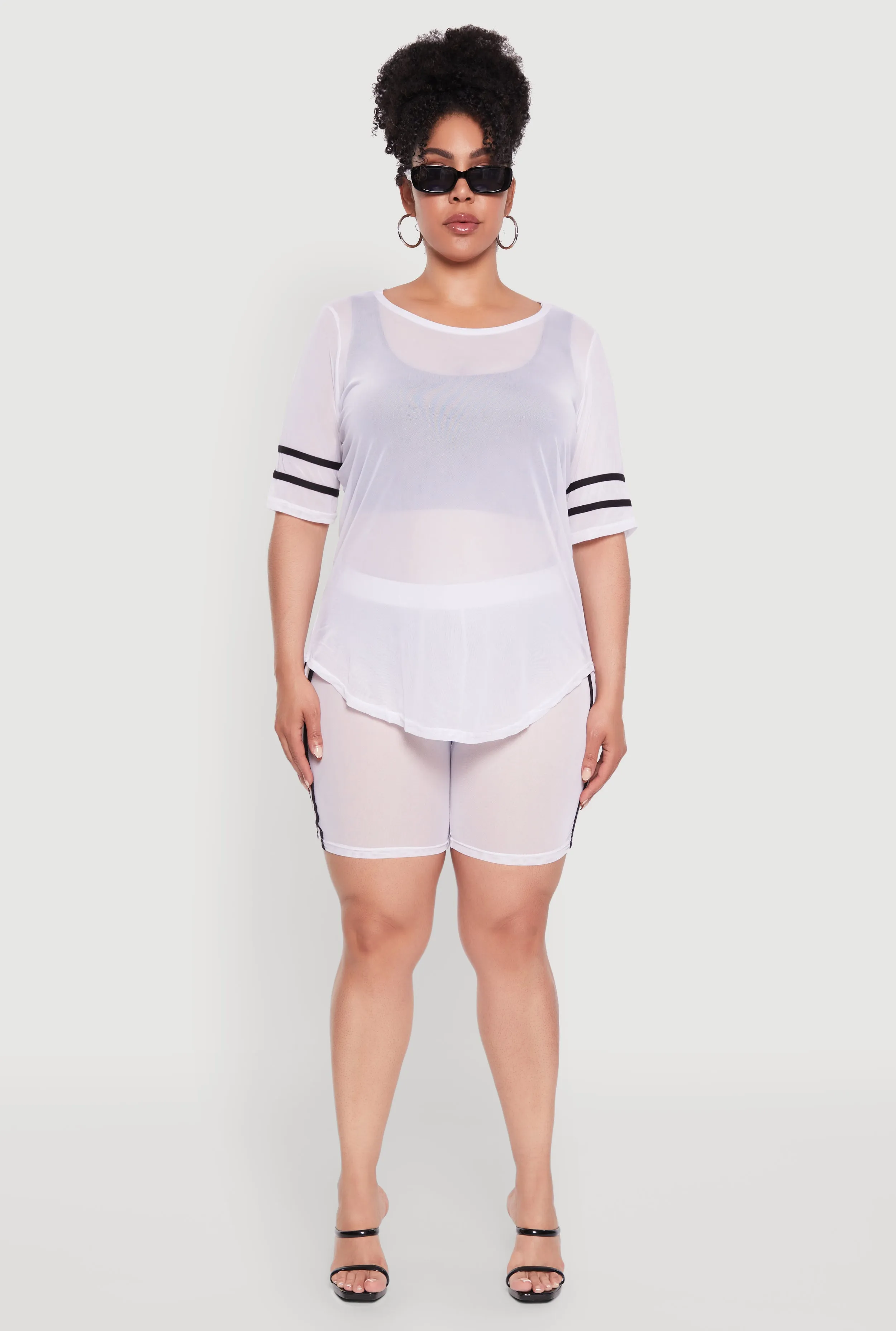 Plus Size Mesh High Waisted Bike Shorts with Varsity Stripe Details sold by Rainbow product image thumbnail 2