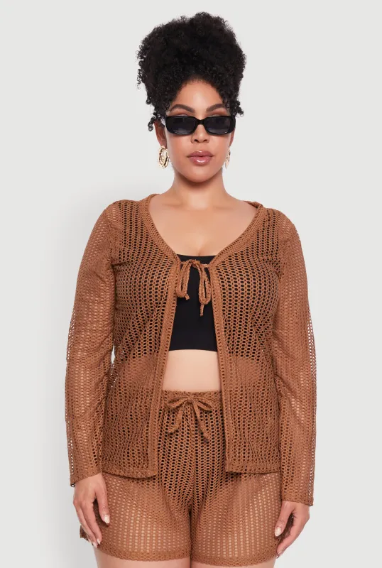 Plus Size Stylish Laser Cut Sheer Cardigan with Tie Front sold by Rainbow