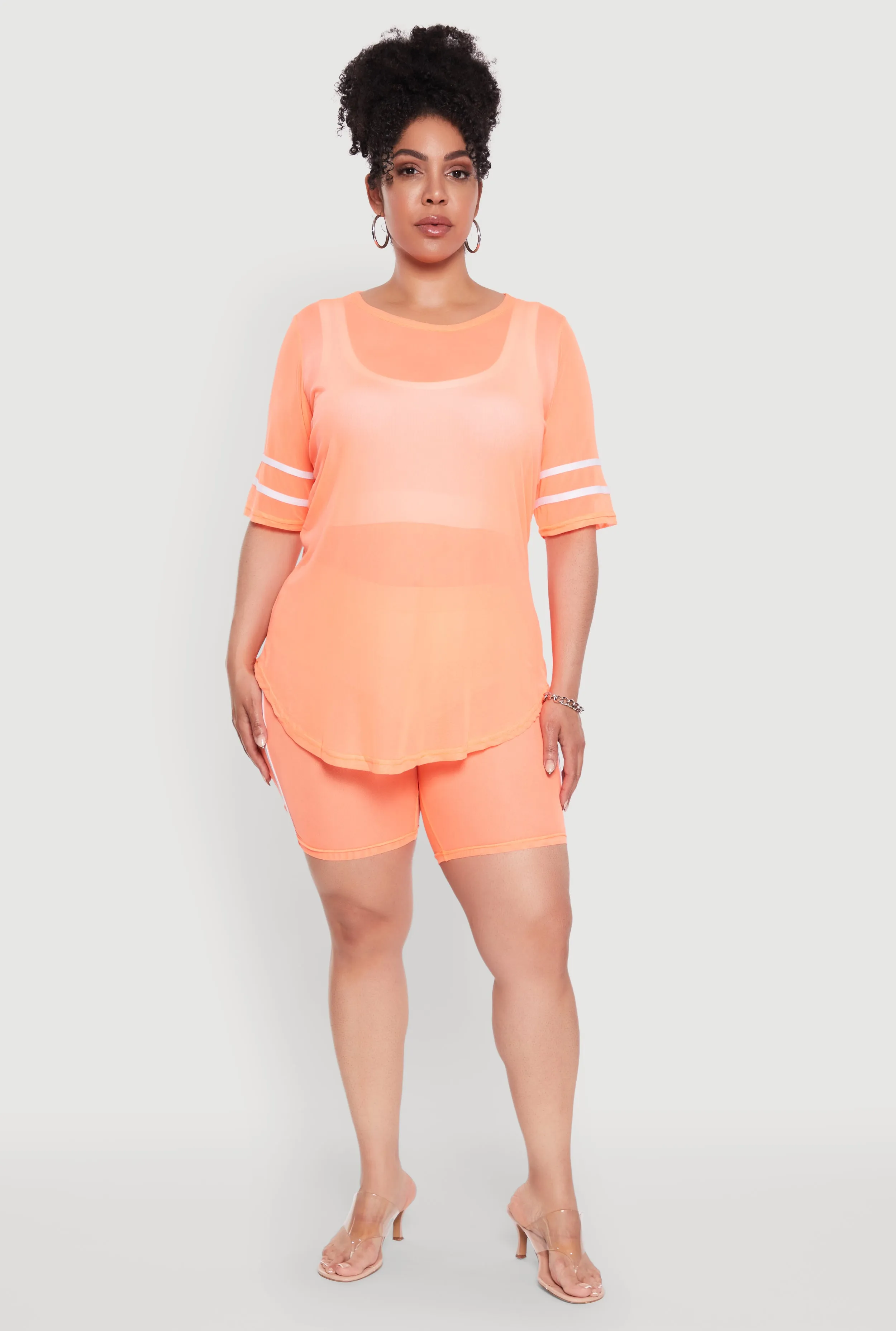 Plus Size Mesh High Waisted Bike Shorts with Varsity Stripe Details sold by Rainbow