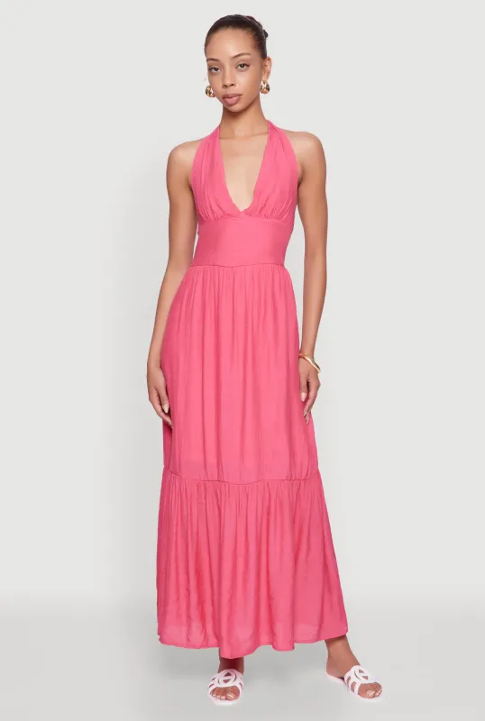 Elegant Gauze Knit Halter Neck Tiered Dress sold by Rainbow