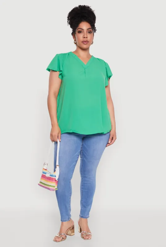 Plus Size Chic V Neck Flutter Sleeve Blouse sold by Rainbow