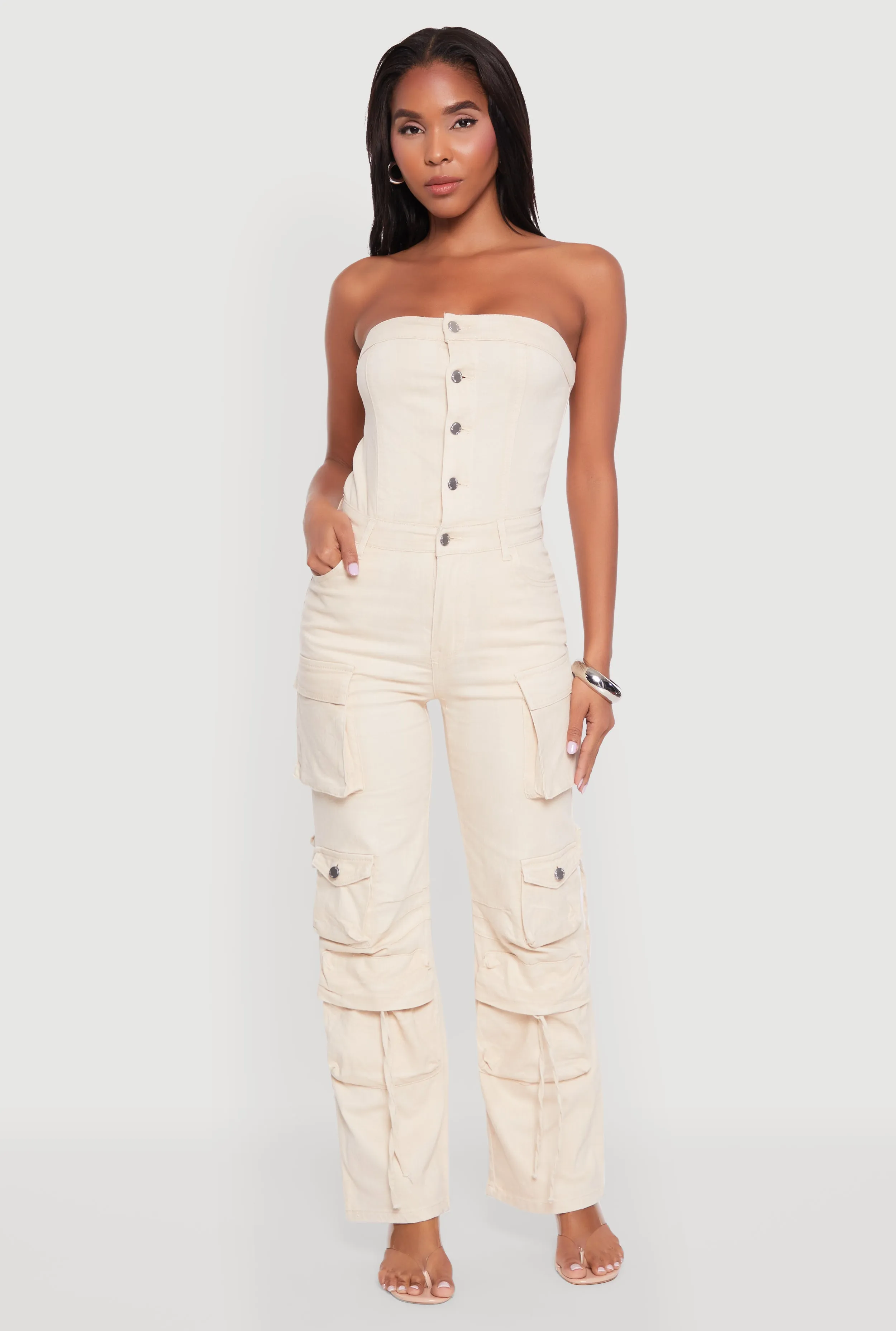 Daisy Denim Strapless Flare Jumpsuit with Cargo Pockets sold by Rainbow