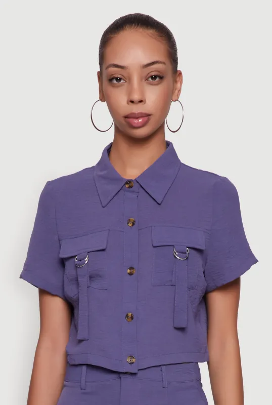 Crepe Knit Metallic D Ring Button Front Cropped Shirt sold by Rainbow