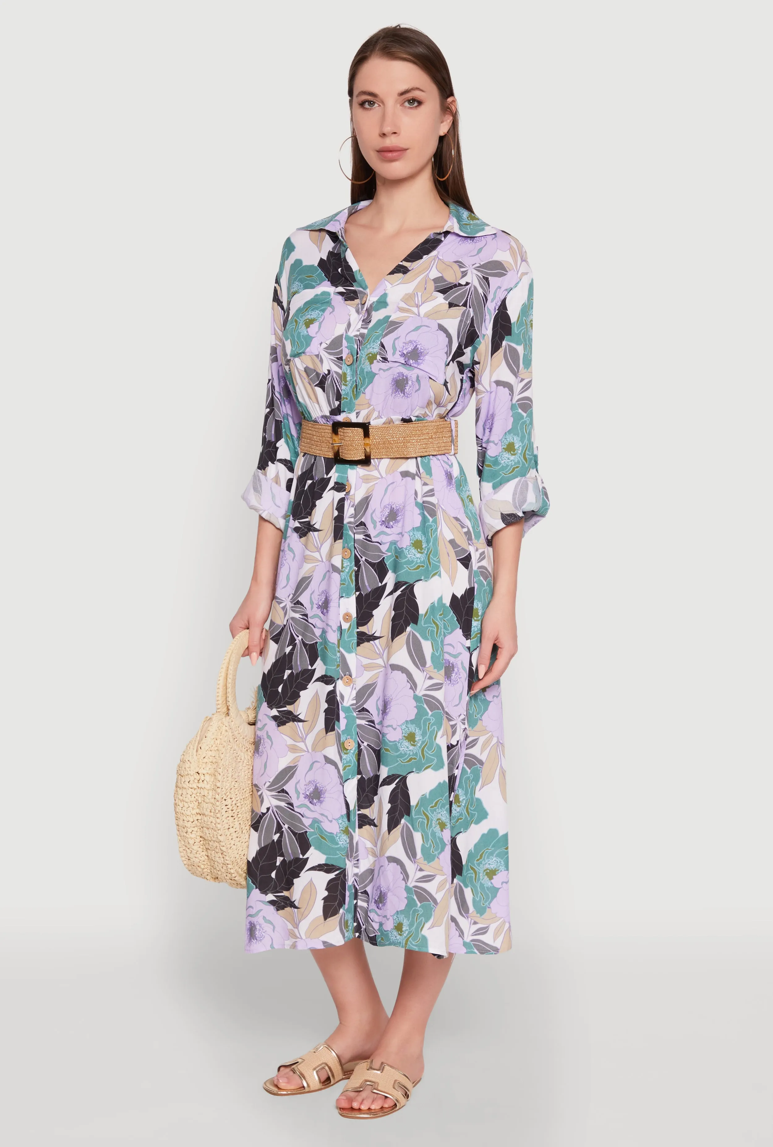 Floral Button Front Belted Shirt Dress sold by Rainbow product image thumbnail 2