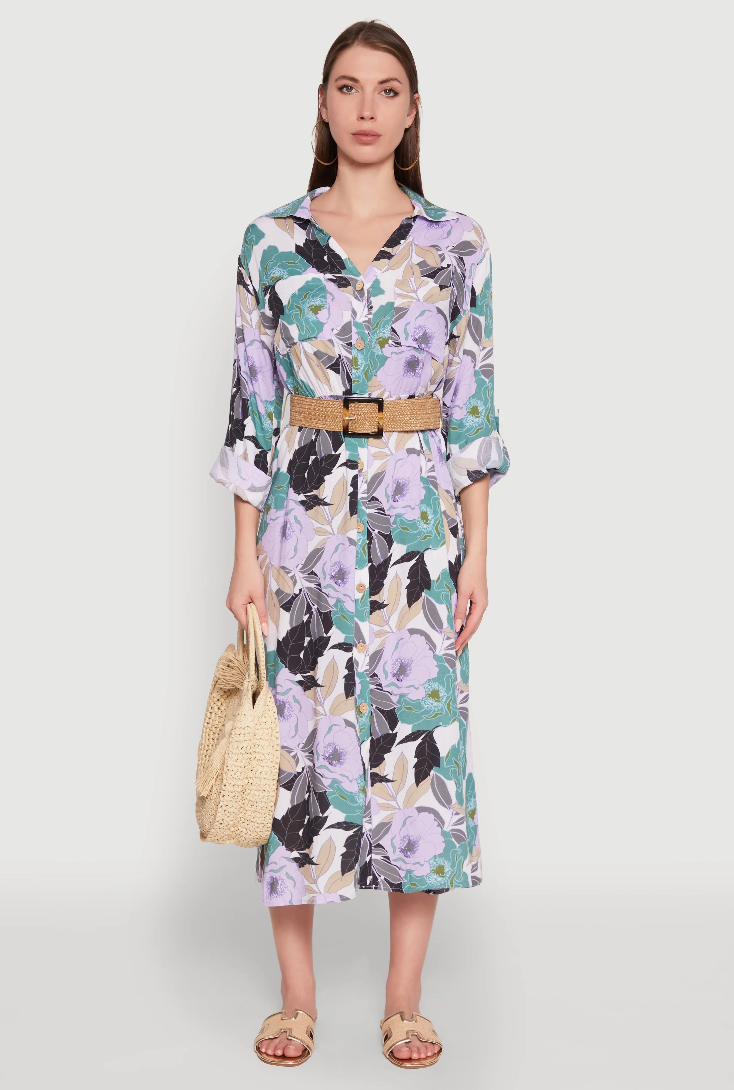 Floral Button Front Belted Shirt Dress sold by Rainbow