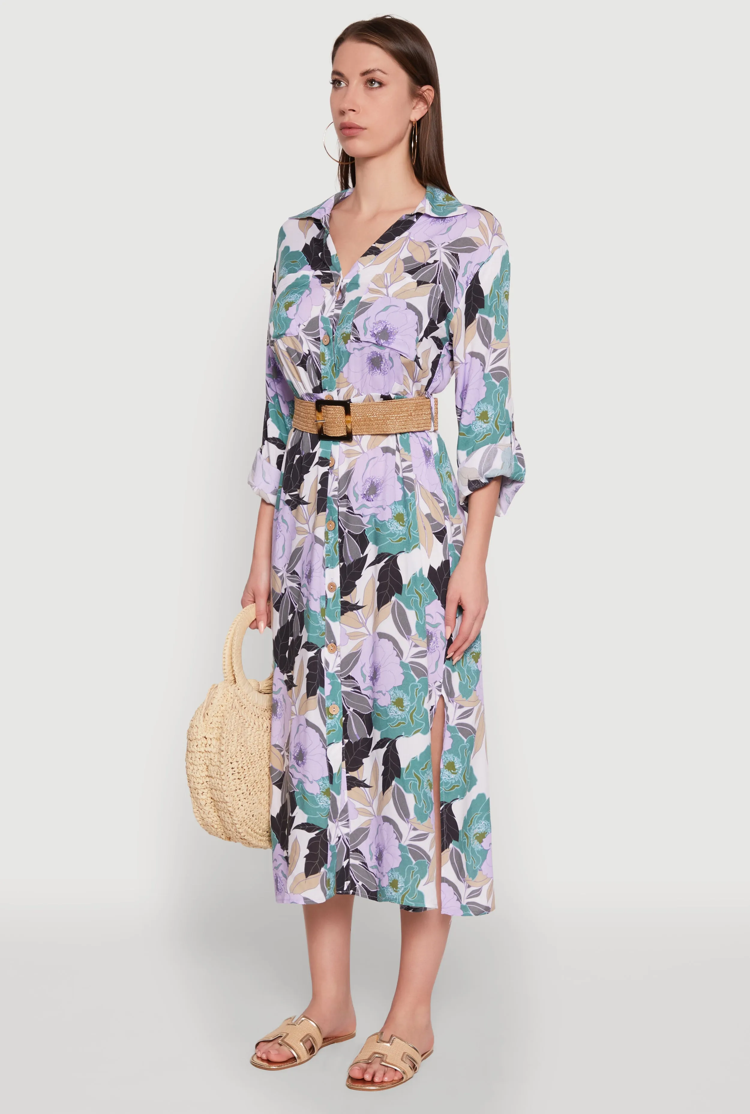 Floral Button Front Belted Shirt Dress sold by Rainbow product image thumbnail 3
