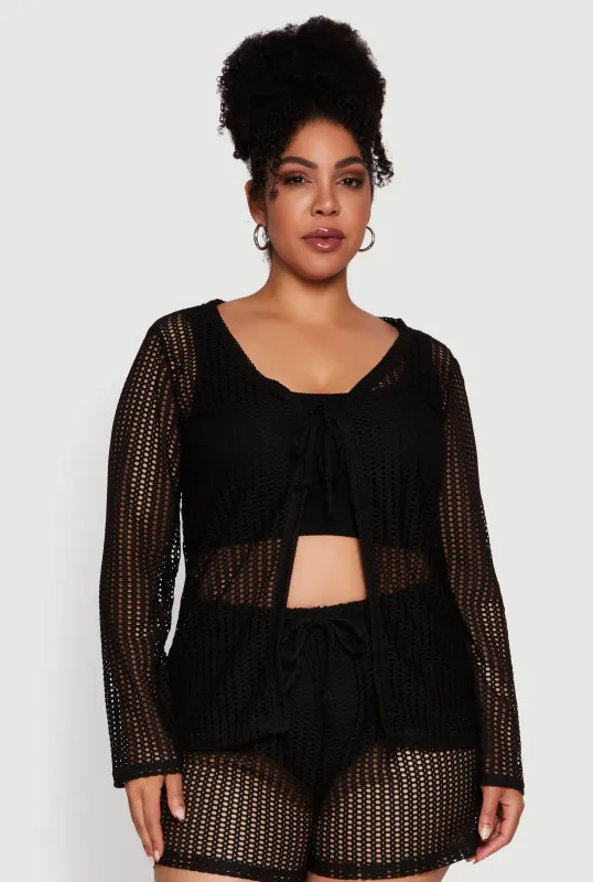 Plus Size Stylish Laser Cut Sheer Cardigan with Tie Front sold by Rainbow