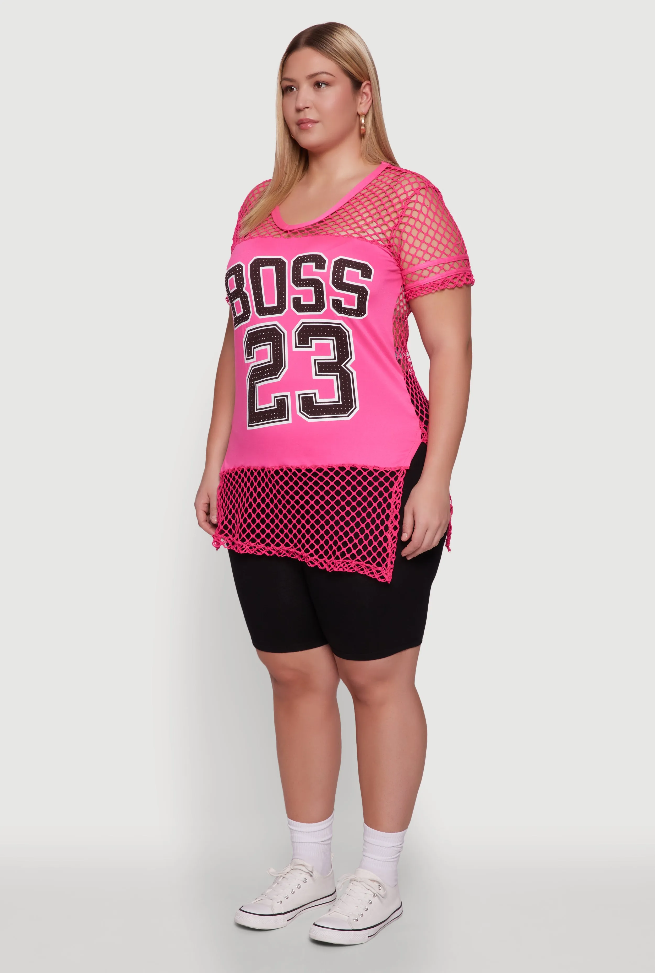 Plus Size Fishnet Boss 23 Rhinestone Graphic Top with Varsity Stripe Details sold by Rainbow product image thumbnail 5