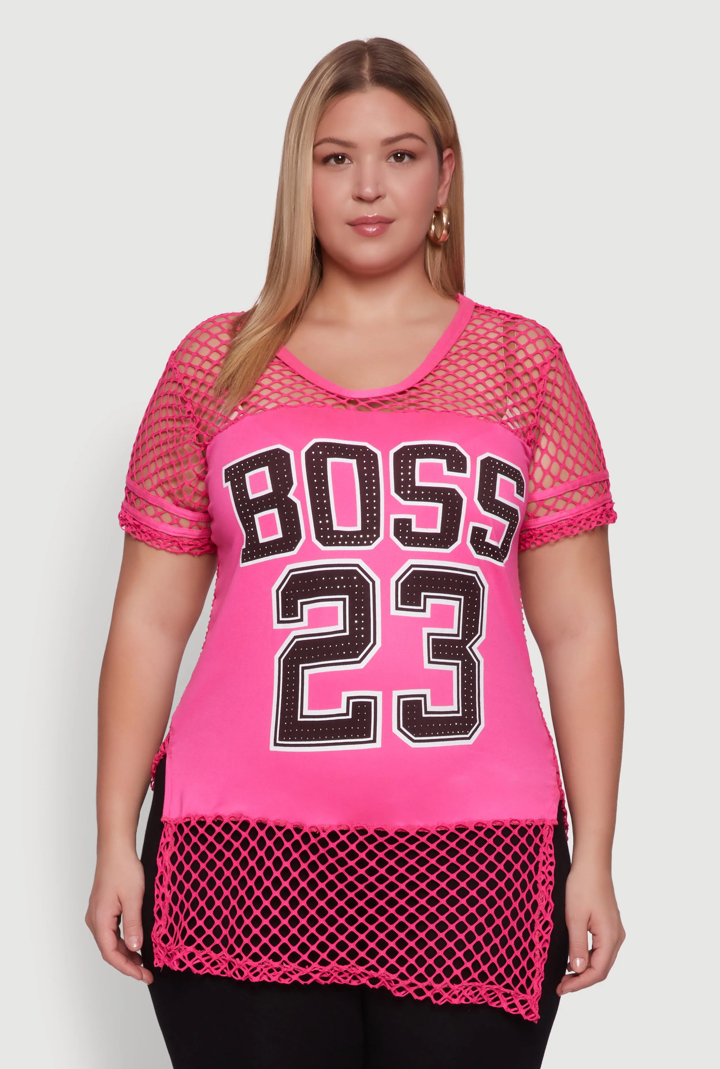 Plus Size Fishnet Boss 23 Rhinestone Graphic Top with Varsity Stripe Details sold by Rainbow product image thumbnail 2