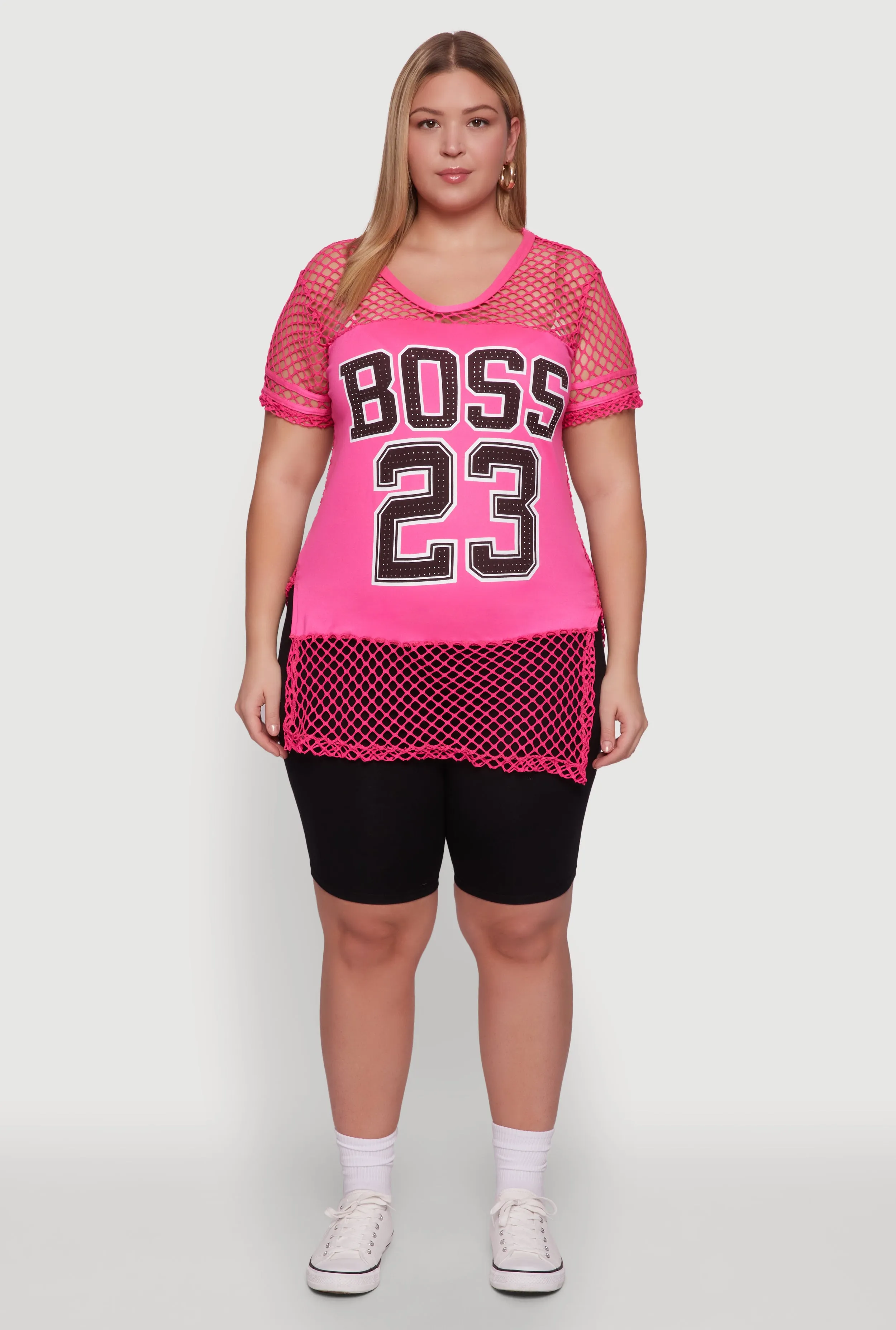 Plus Size Fishnet Boss 23 Rhinestone Graphic Top with Varsity Stripe Details sold by Rainbow