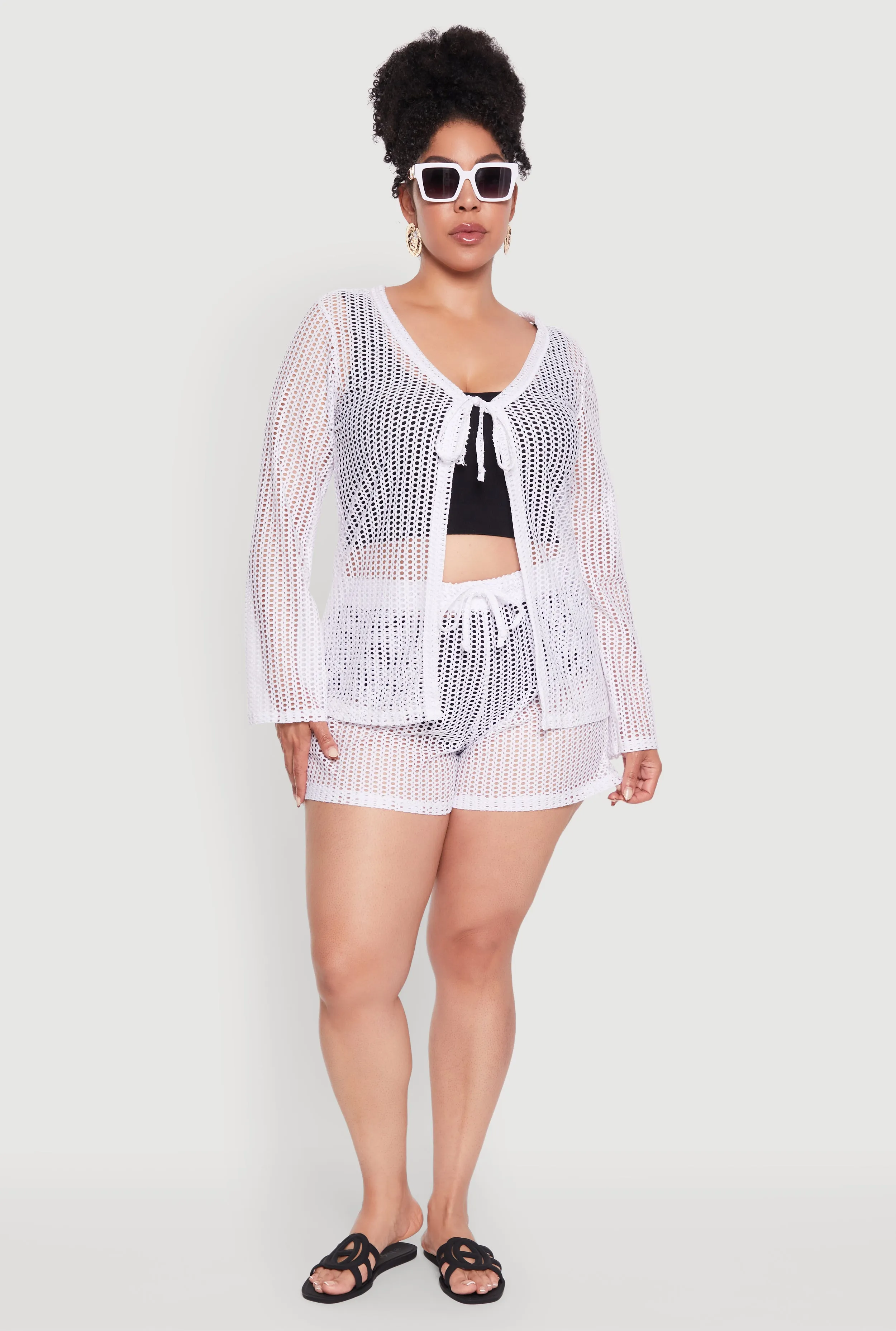 Plus Size Trendy High Waisted Laser Cut Sheer Shorts sold by Rainbow