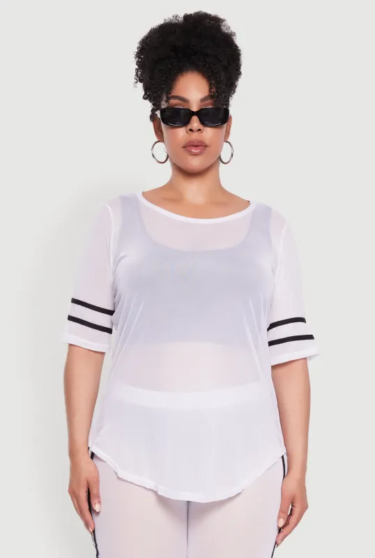 Plus Size Varsity Stripe Short Sleeve Mesh Top sold by Rainbow