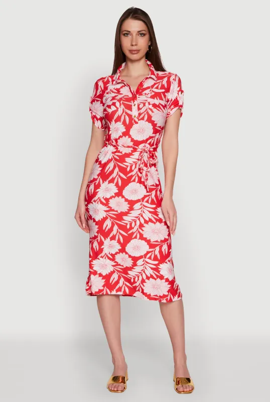 Floral Half Button Front Shirt Dress with Tie Waist Belt sold by Rainbow