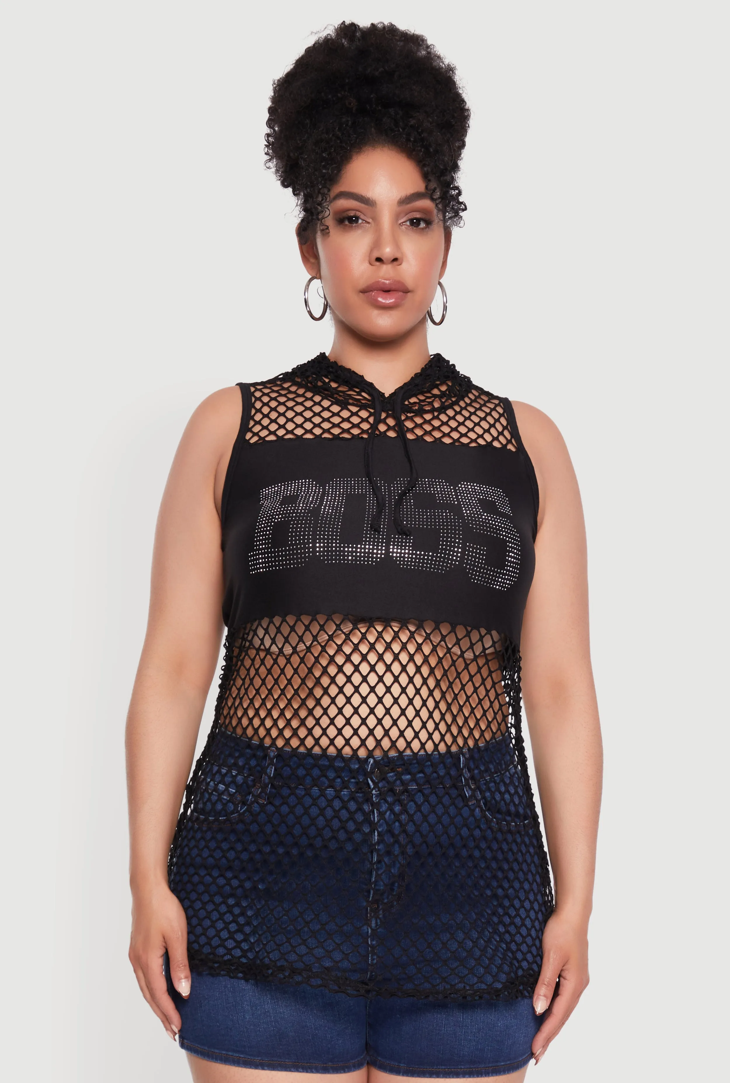 Plus Size Fishnet Boss Rhinestone Hooded Tank Top sold by Rainbow product image thumbnail 2
