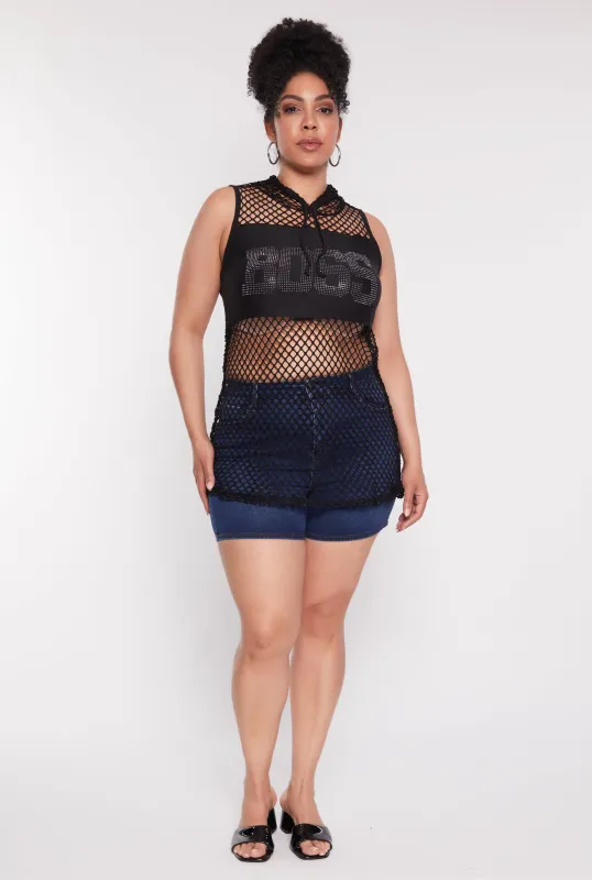 Plus Size Fishnet Boss Rhinestone Hooded Tank Top sold by Rainbow