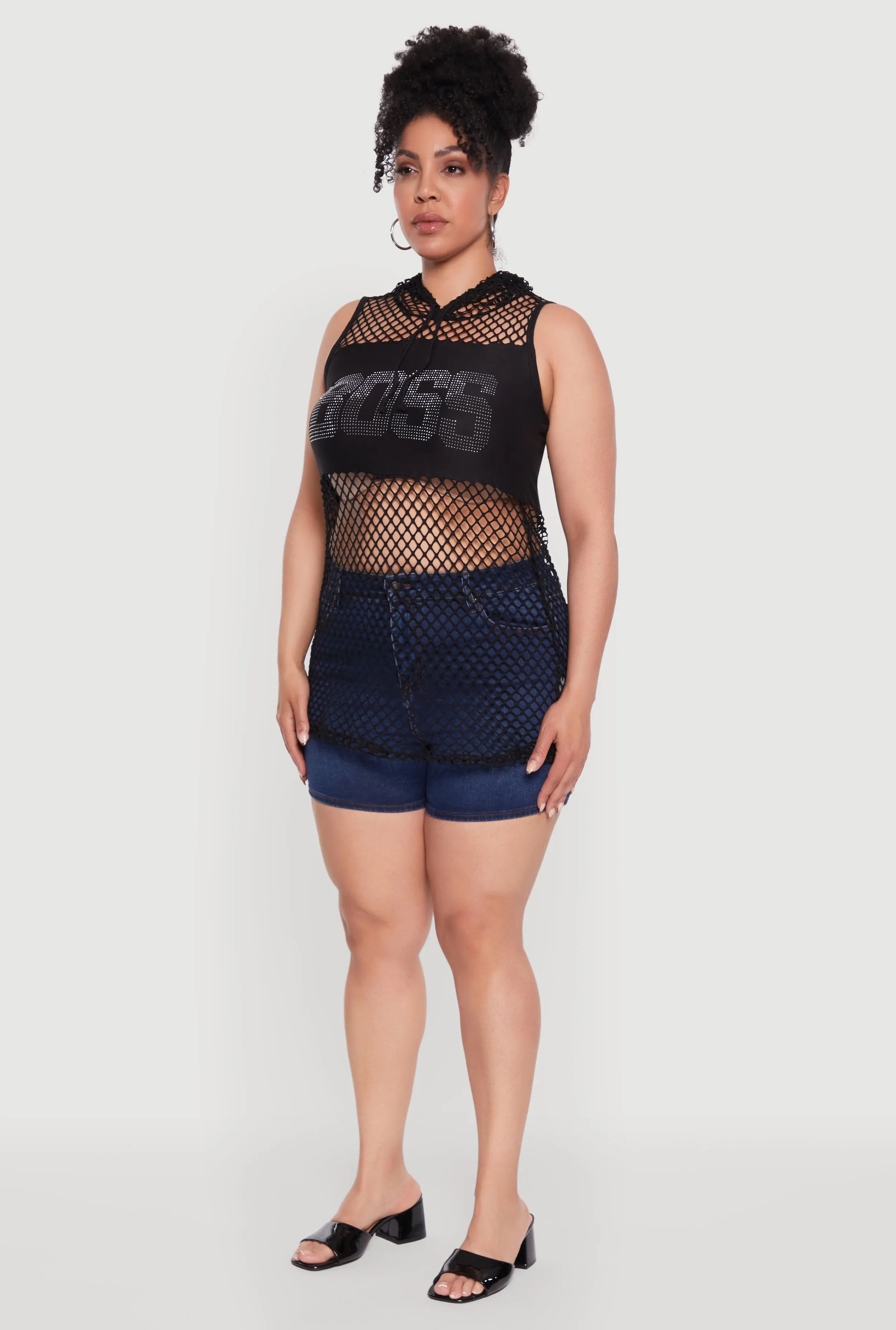 Plus Size Fishnet Boss Rhinestone Hooded Tank Top sold by Rainbow product image thumbnail 5