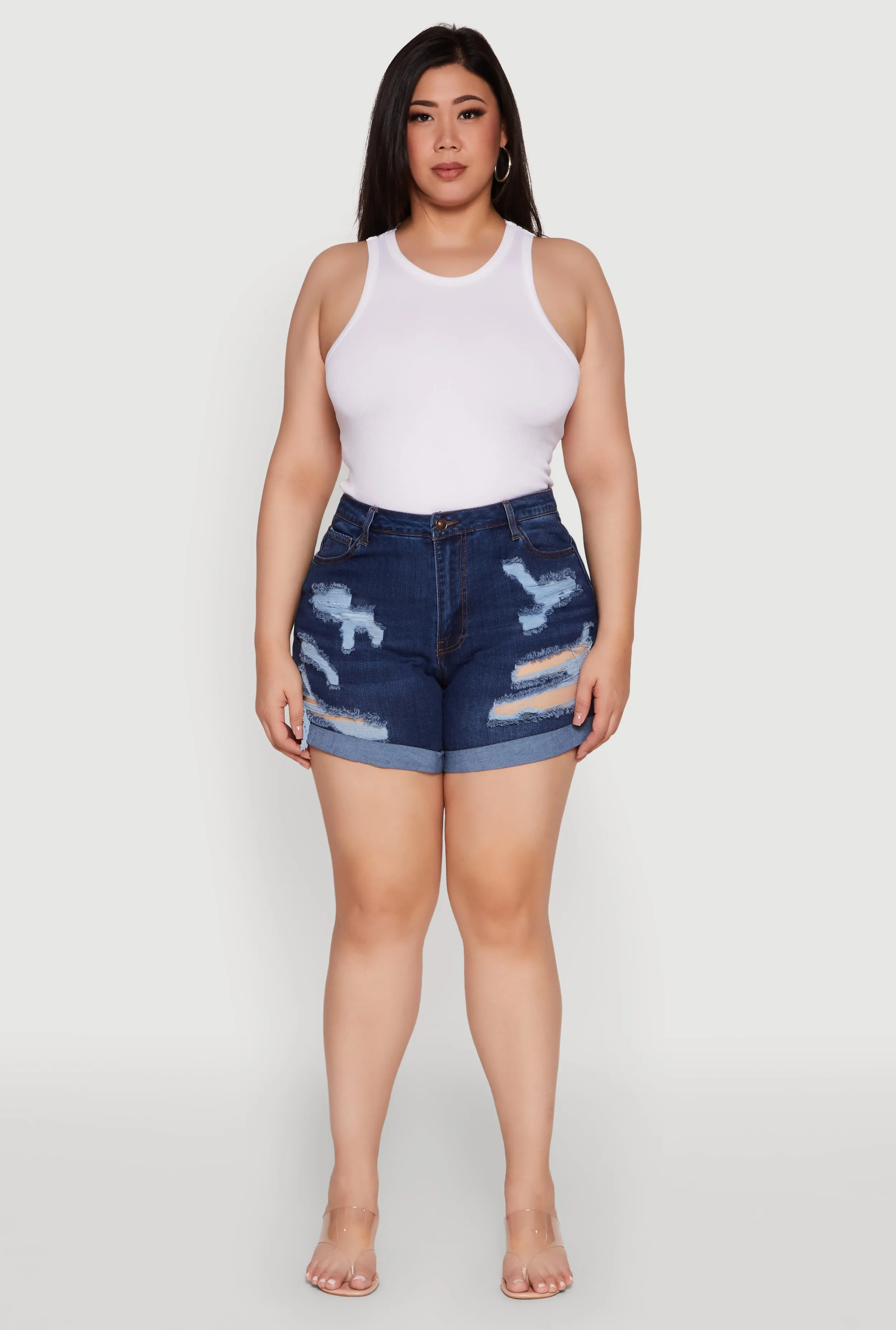 Plus Size WAX High Waist Distressed Denim Mom Shorts sold by Rainbow