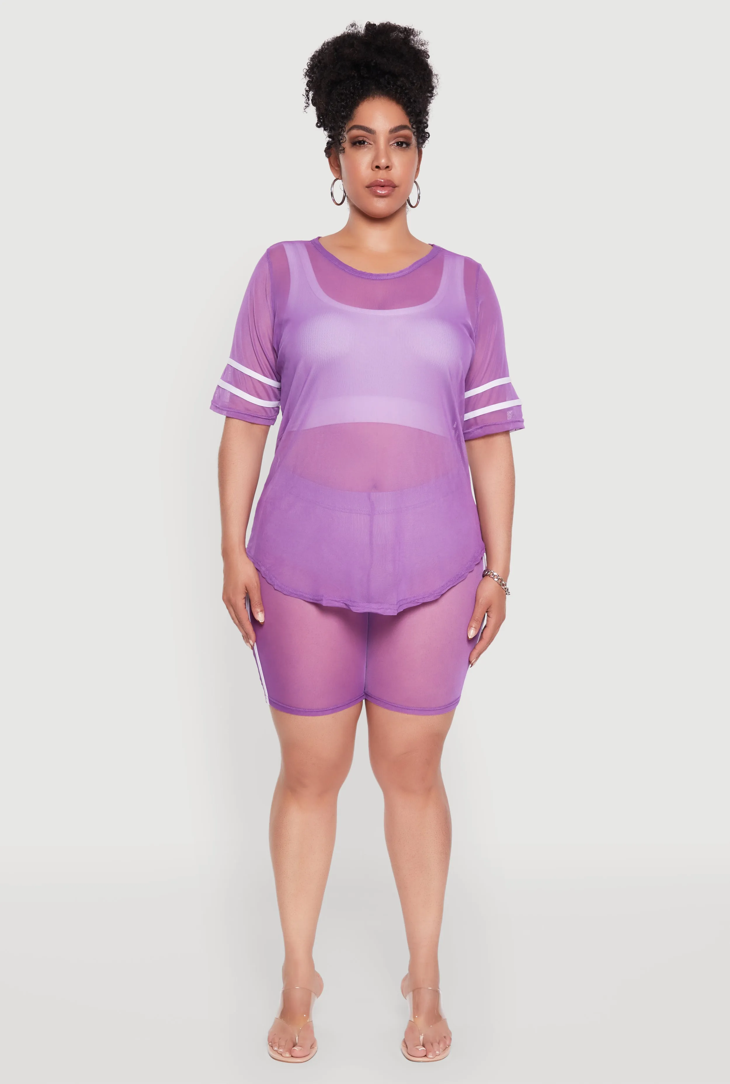 Plus Size Mesh High Waisted Bike Shorts with Varsity Stripe Details sold by Rainbow product image thumbnail 2