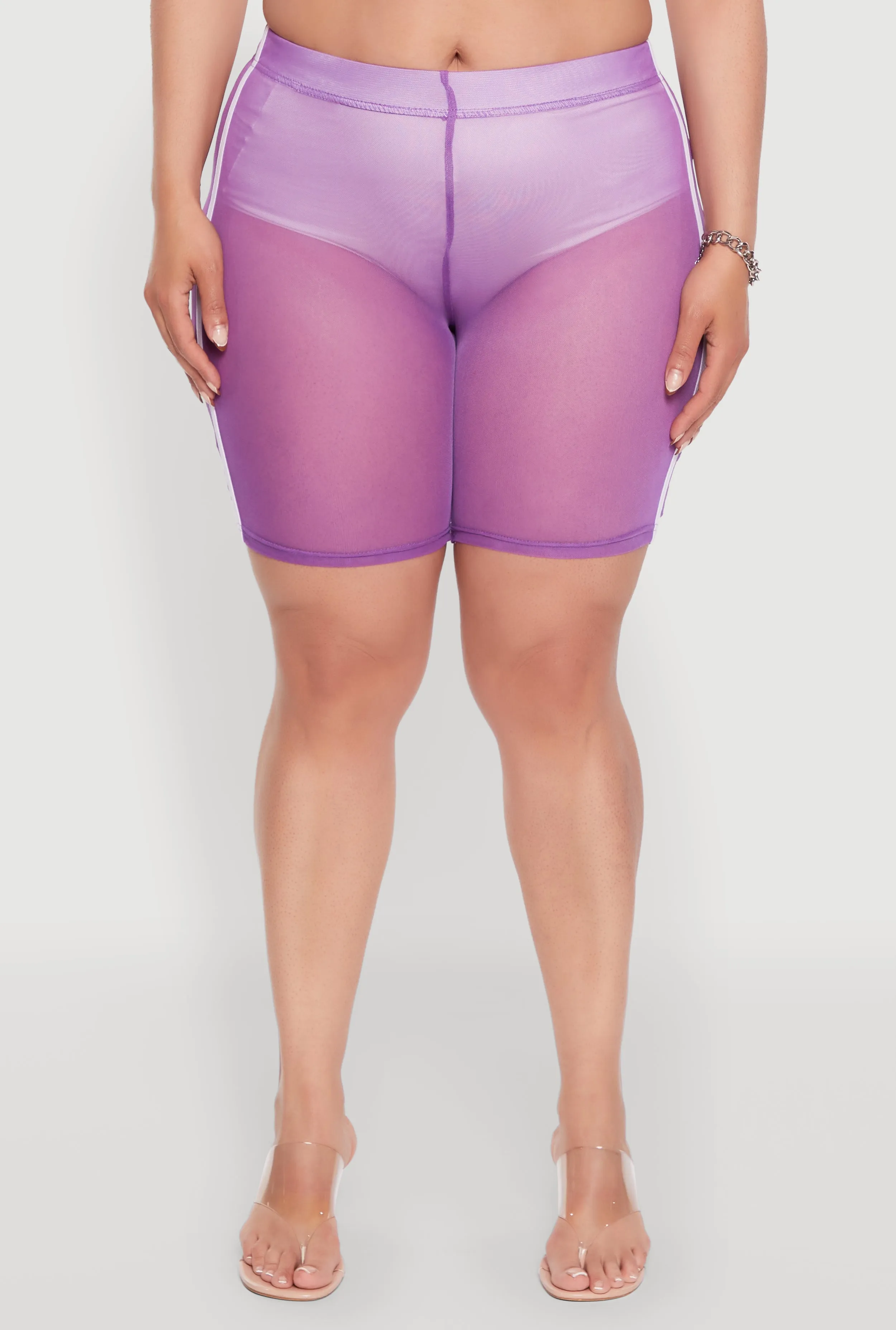 Plus Size Mesh High Waisted Bike Shorts with Varsity Stripe Details sold by Rainbow product image thumbnail 3