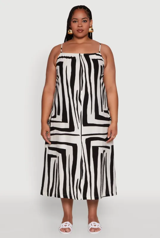 Plus Size Zebra Print Square Neck Cami Dress with Cargo Pockets made by Rainbow