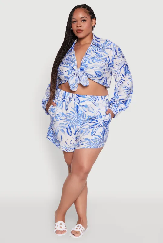 Plus Size Trendy High Waisted Leaf Print Shorts sold by Rainbow