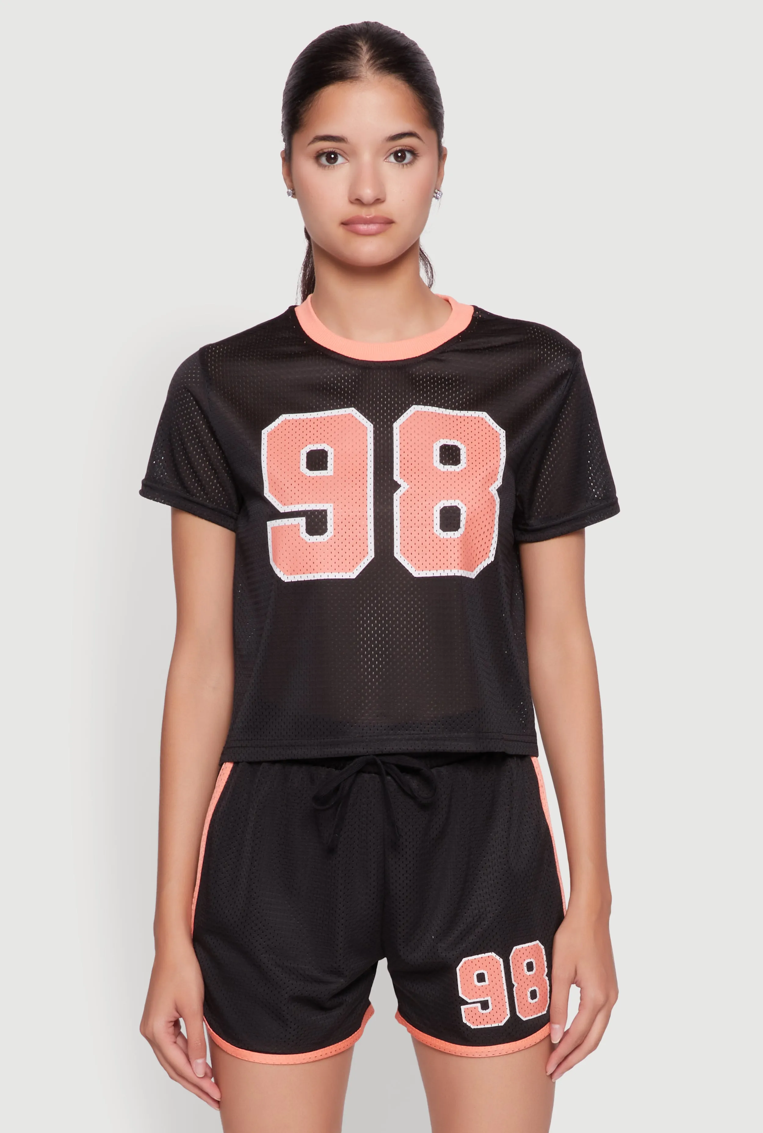 Graphic Jersey Mesh Crew Neck Top sold by Rainbow