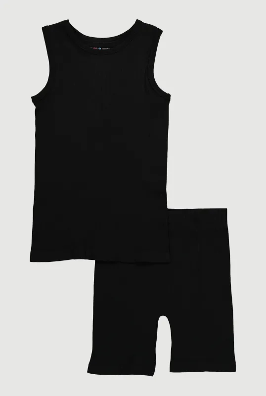 Girls Ribbed Knit Seamless Tank Top and Bike Shorts 2 Piece Set sold by Rainbow