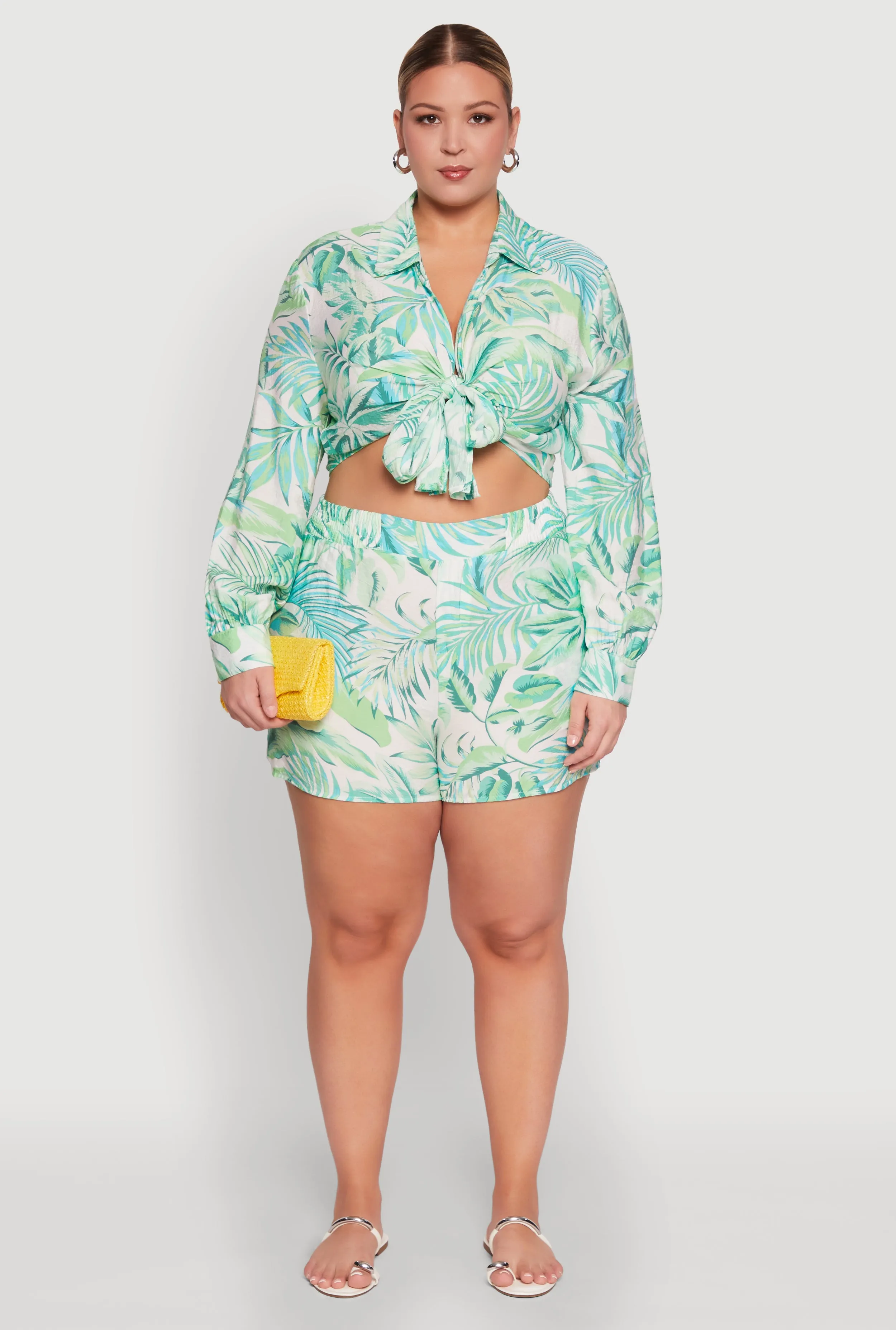 Plus Size Trendy High Waisted Leaf Print Shorts sold by Rainbow