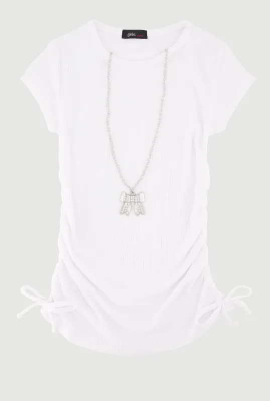 Little Girls Ribbed Knit Tee with Removable Rhinestone Bow Necklace sold by Rainbow