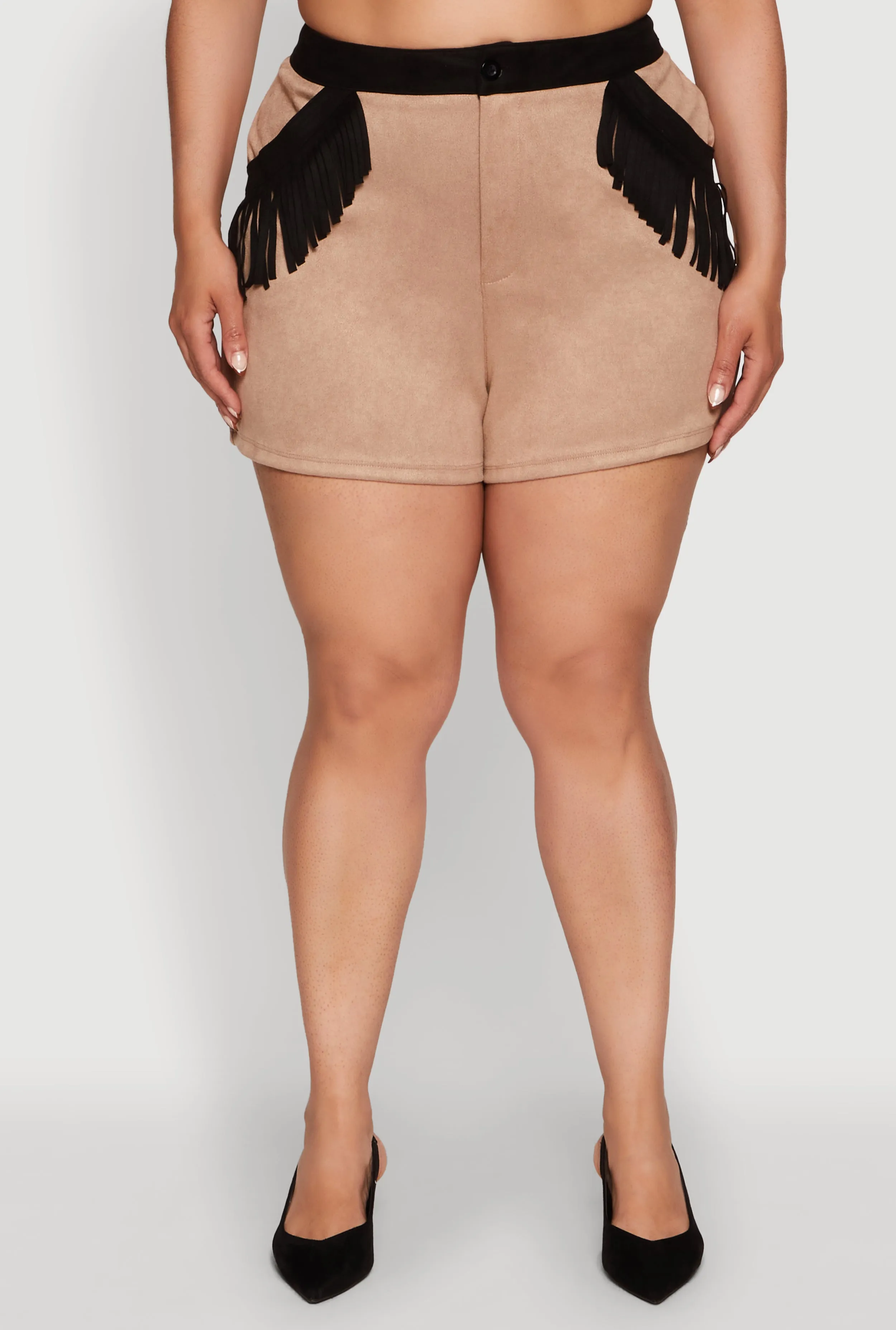 Plus Size Faux Suede High Waisted Fringe Hem Shorts sold by Rainbow product image thumbnail 3