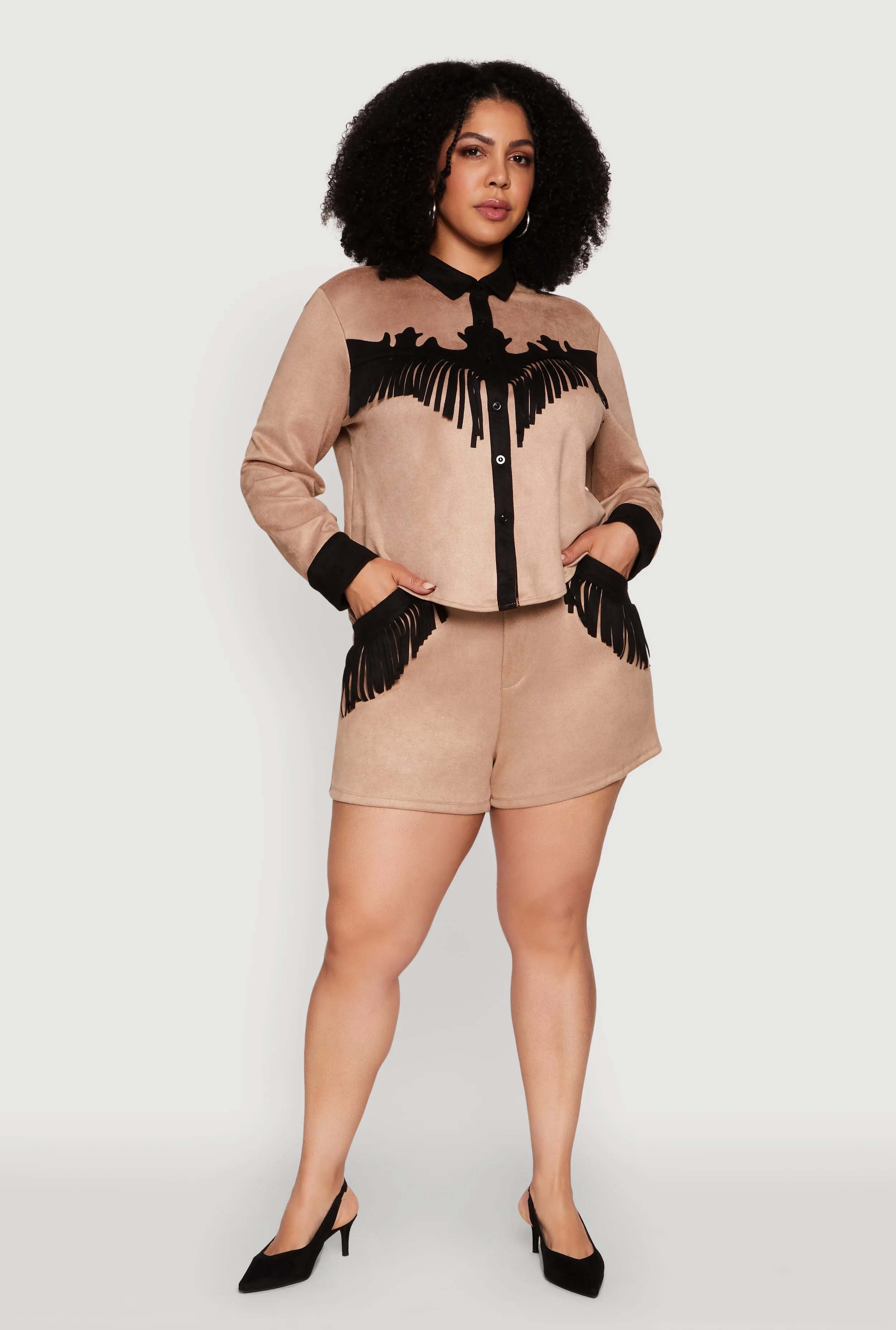 Plus Size Faux Suede High Waisted Fringe Hem Shorts sold by Rainbow product image thumbnail 2