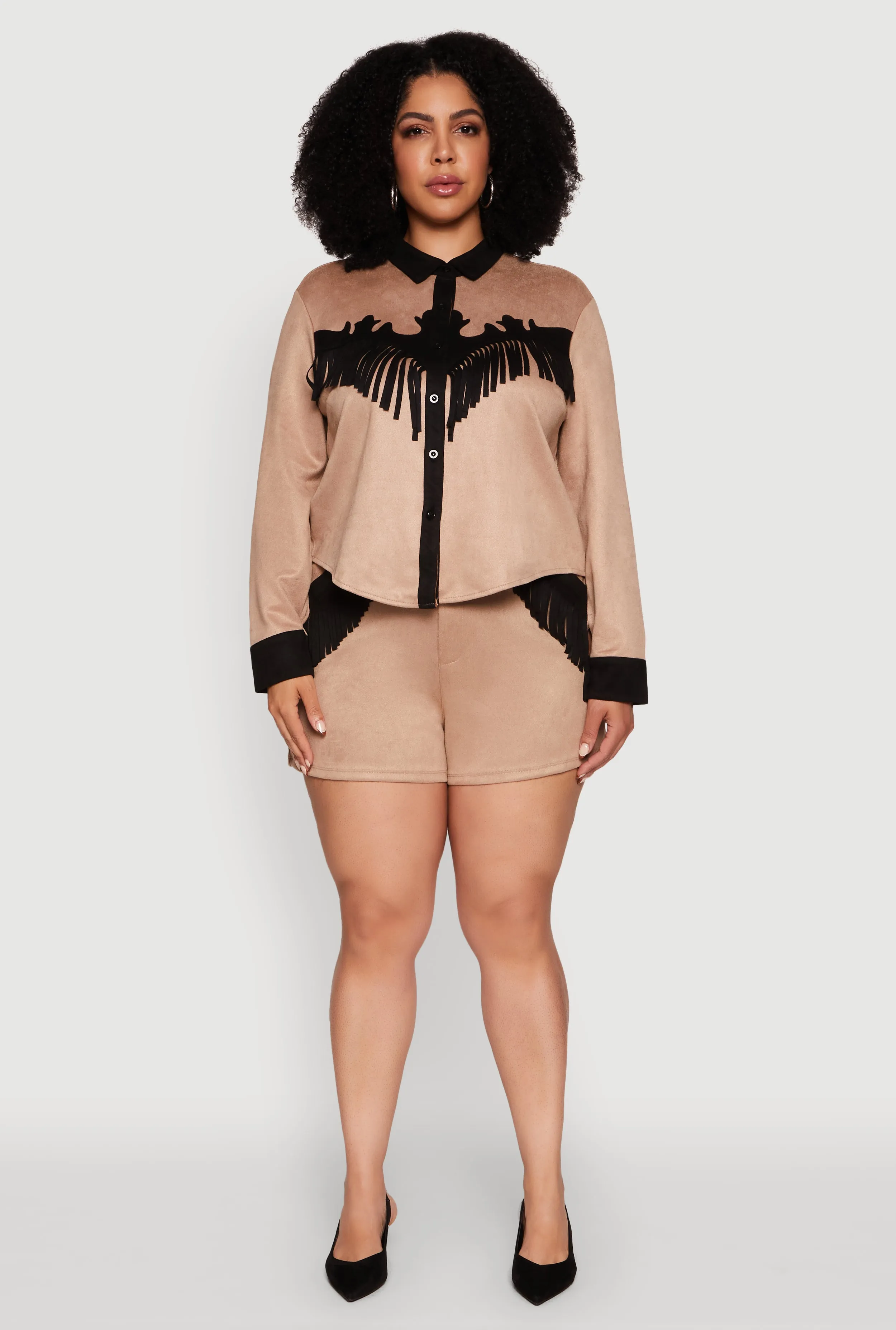 Plus Size Faux Suede High Waisted Fringe Hem Shorts sold by Rainbow