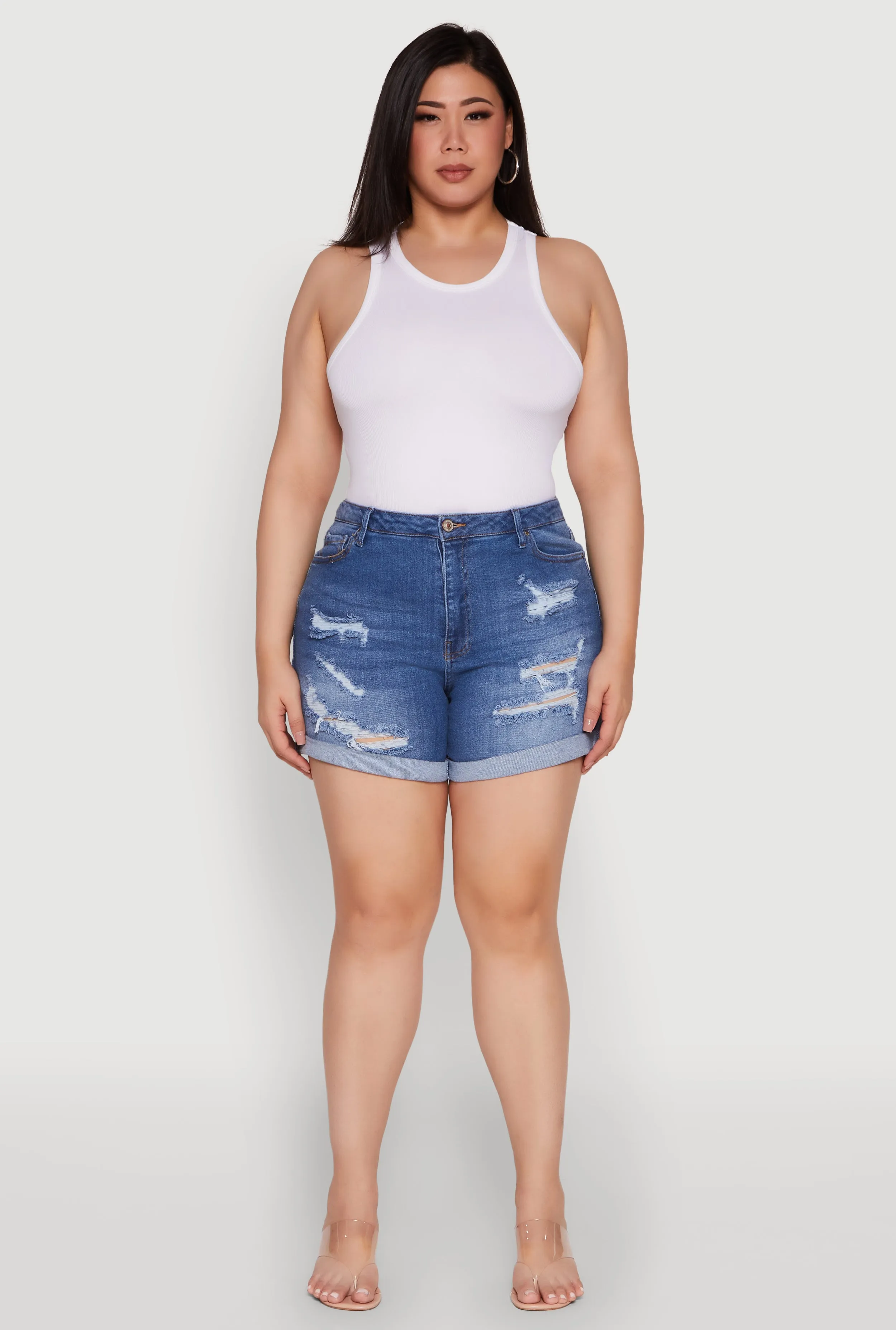 Plus Size WAX High Waist Distressed Denim Mom Shorts sold by Rainbow