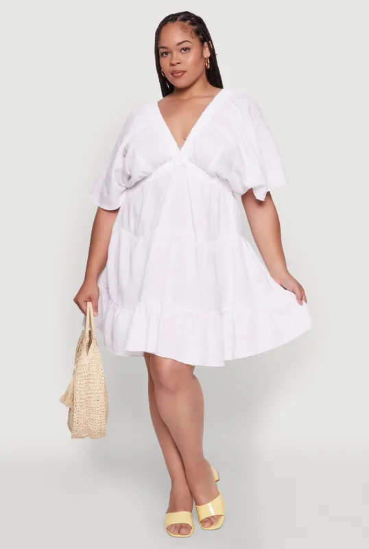 Plus Size Trendy Gauze Knit V Neck Tiered Dress sold by Rainbow