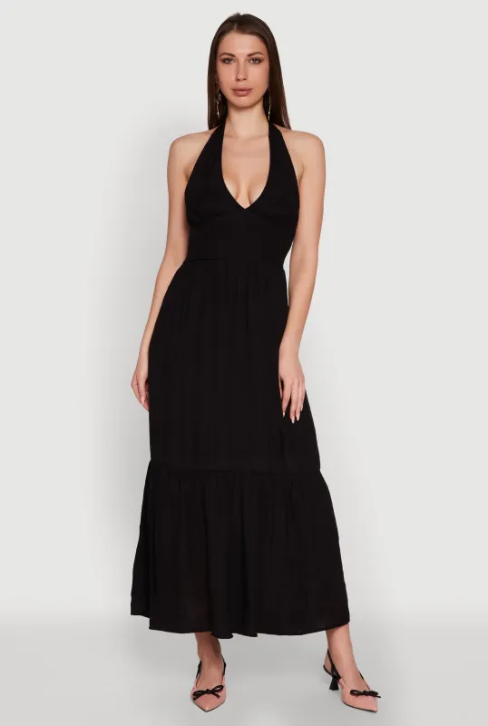 Elegant Gauze Knit Halter Neck Tiered Dress sold by Rainbow