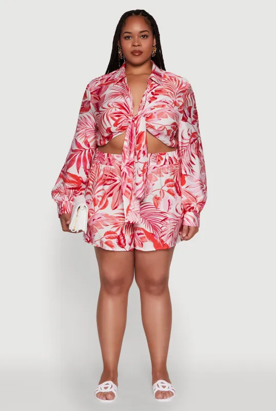 Plus Size Trendy High Waisted Leaf Print Shorts sold by Rainbow