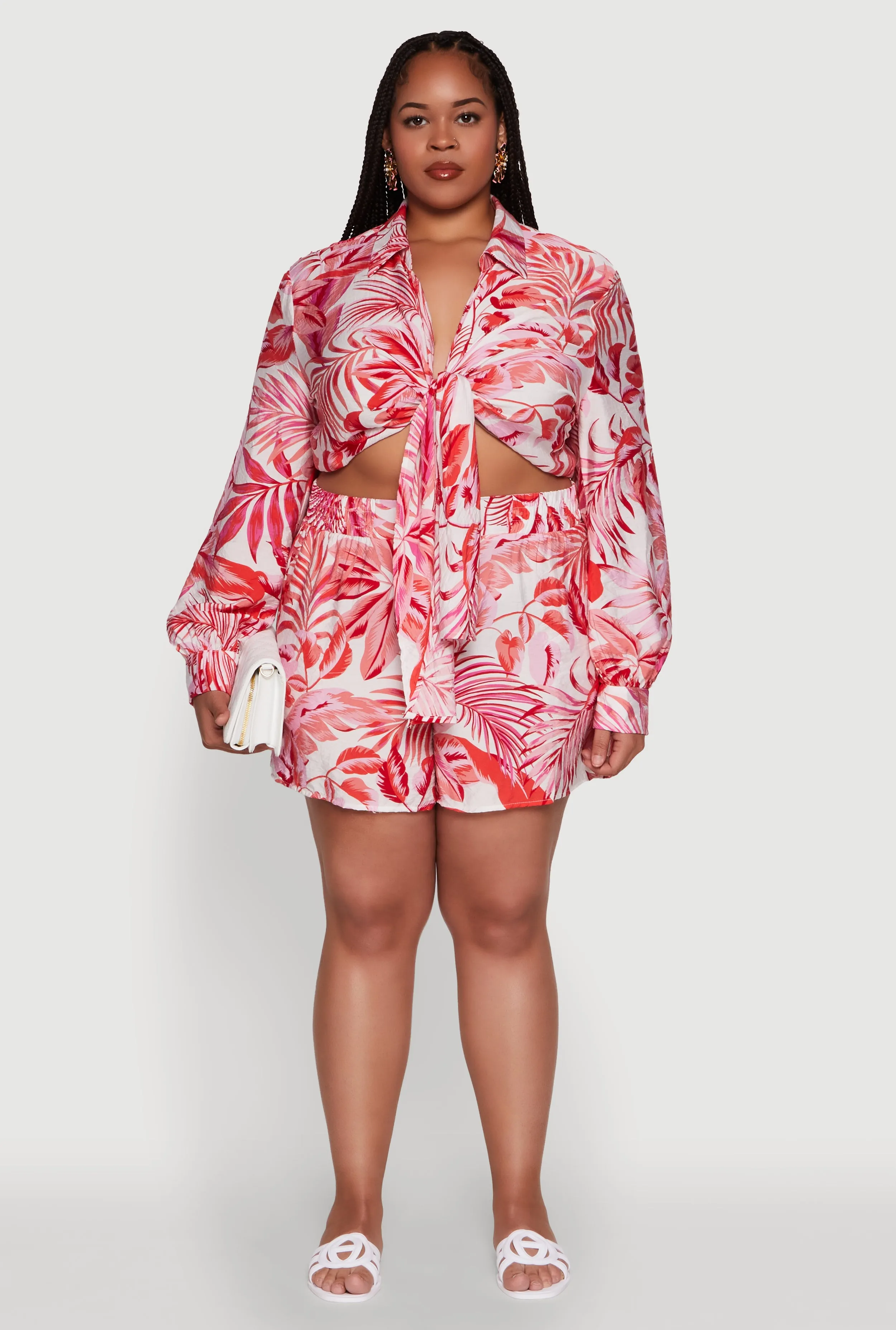 Plus Size Trendy High Waisted Leaf Print Shorts sold by Rainbow