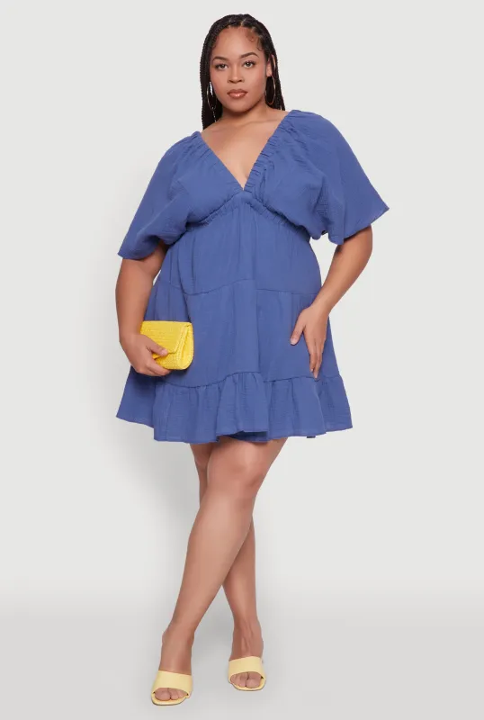Plus Size Trendy Gauze Knit V Neck Tiered Dress sold by Rainbow