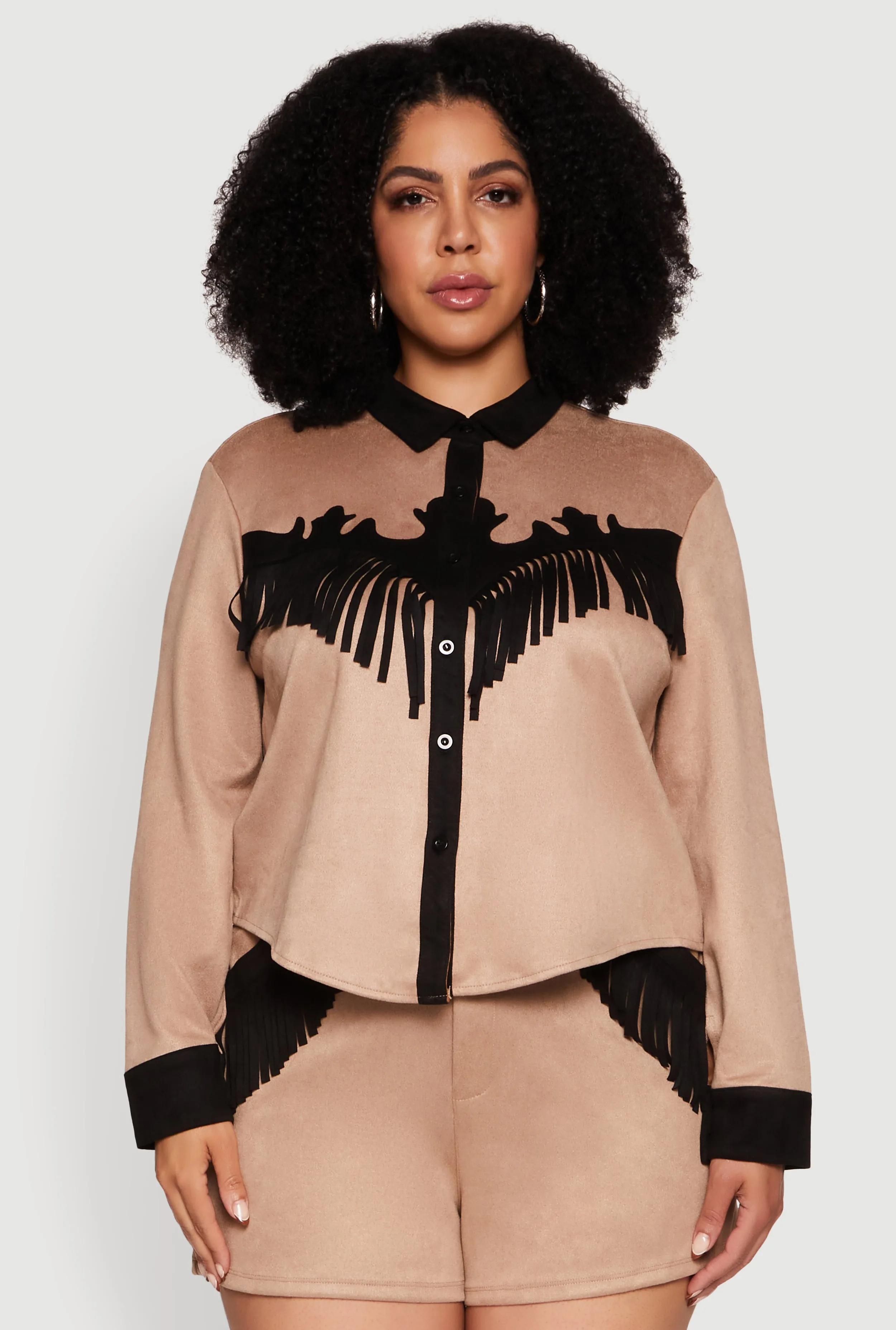 Plus Size Chic Faux Suede Contrast Trim Fringe Hem Shirt sold by Rainbow
