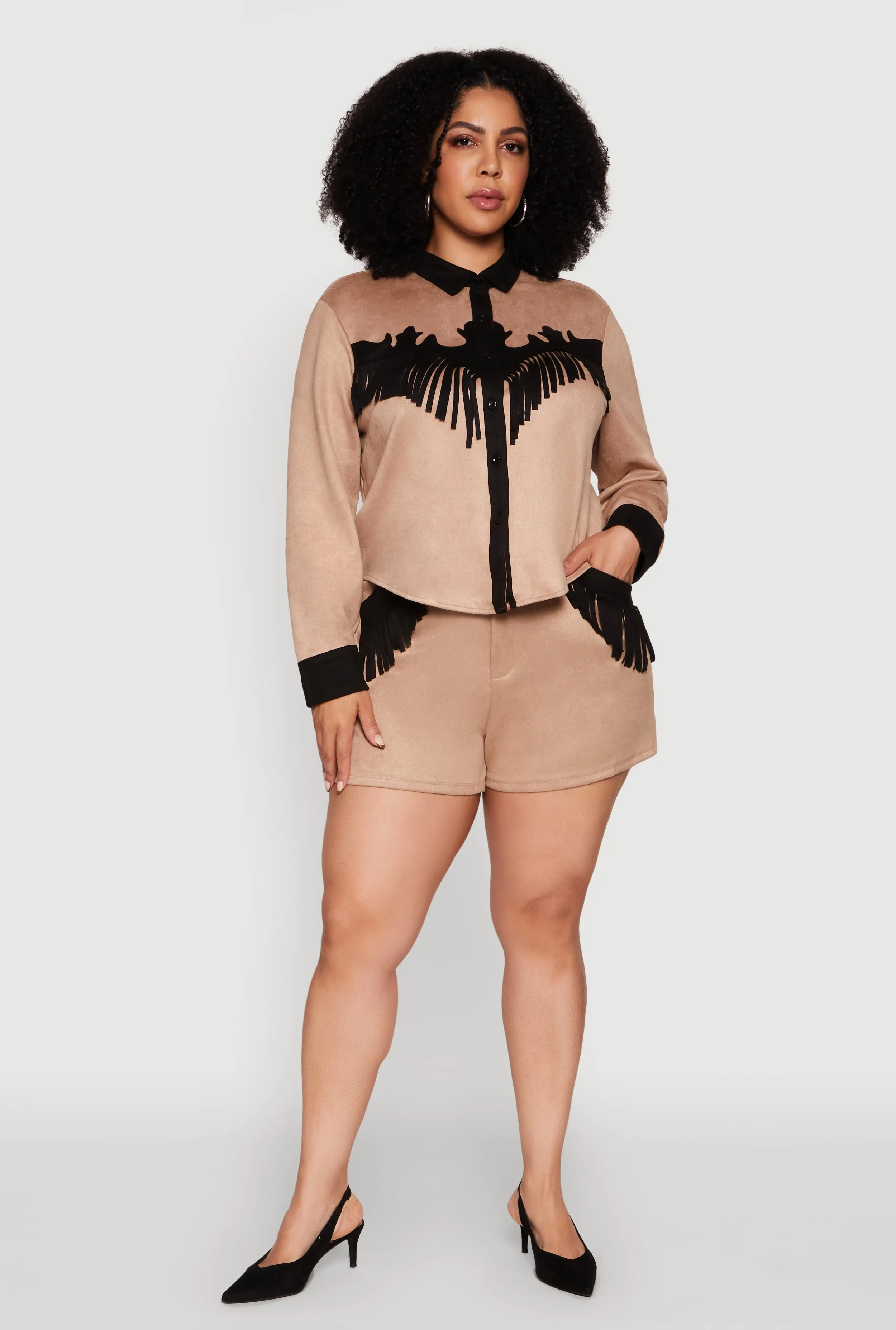 Plus Size Chic Faux Suede Contrast Trim Fringe Hem Shirt sold by Rainbow product image thumbnail 3