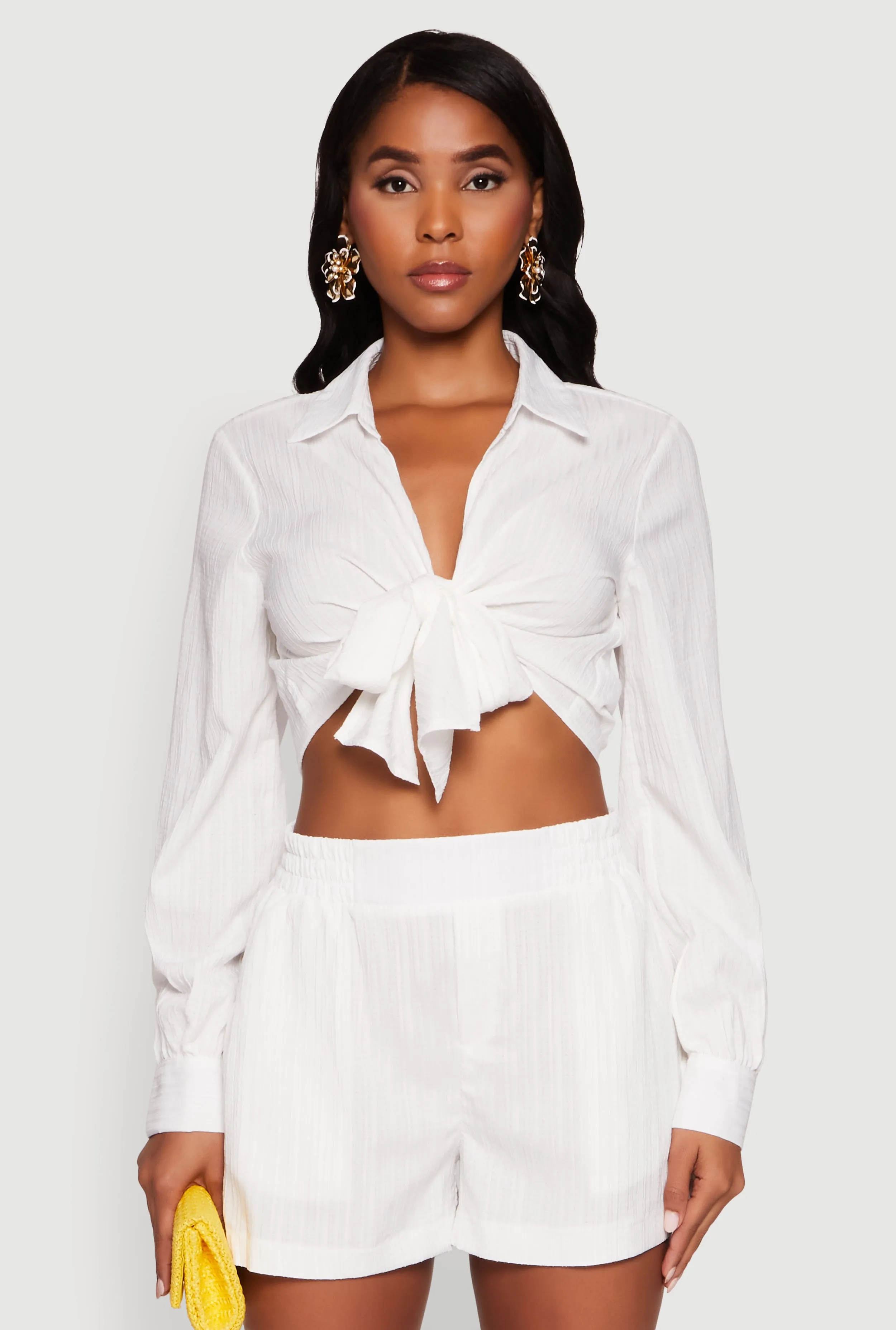 Chic Textured Knit Bubble Sleeve Tie Front Crop Top sold by Rainbow