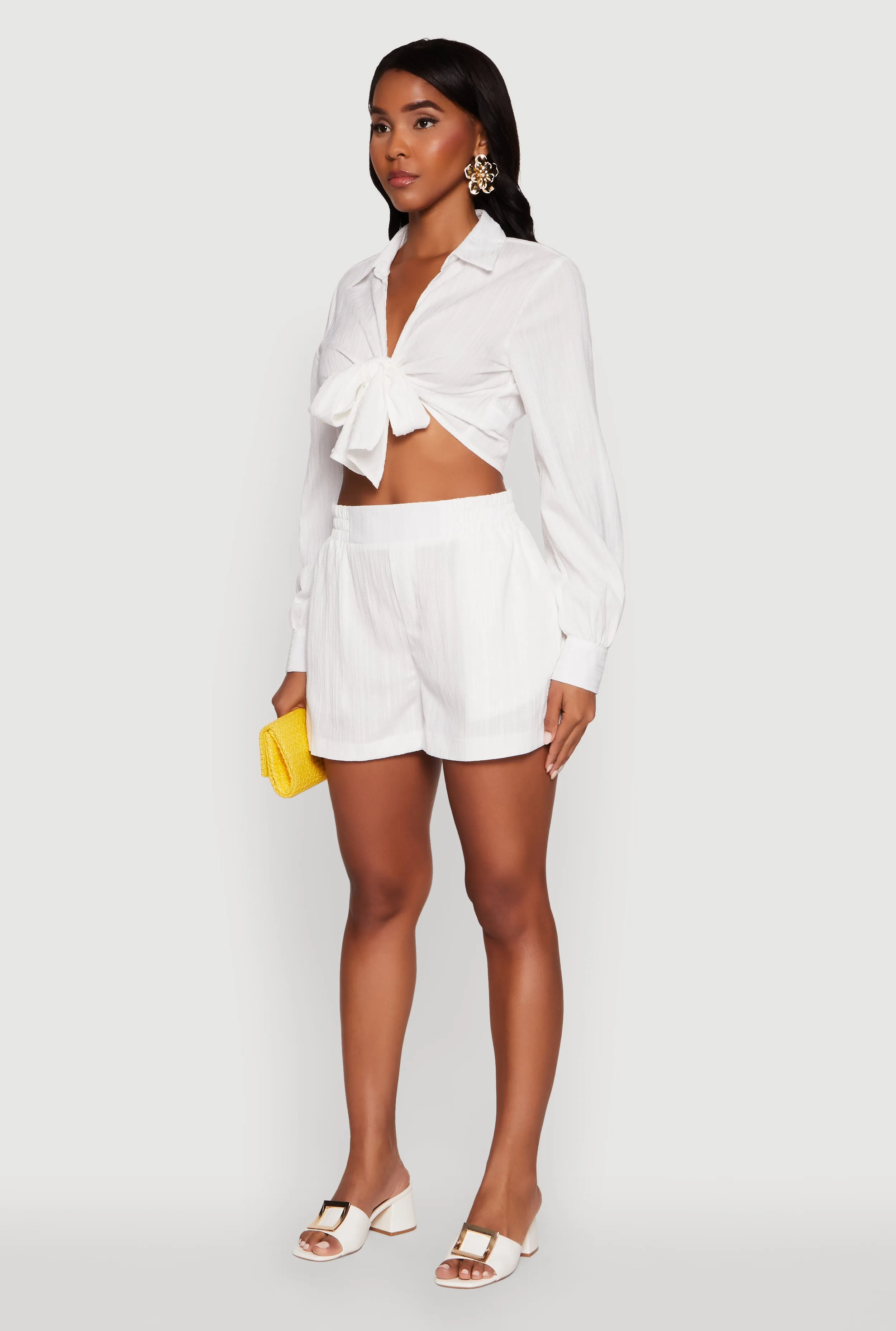 Chic Textured Knit Bubble Sleeve Tie Front Crop Top sold by Rainbow product image thumbnail 5